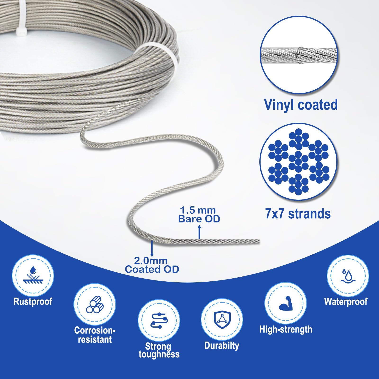TooTaci Zestaw linek ogrodowych 30 m / 2 mm ze stali nierdzewnej, zestaw napinacza drutu M5, zestaw rolek ogrodzeniowych, zestaw balustrady kablowej, metalowy kabel powlekany PCW, oczy winorośli dla