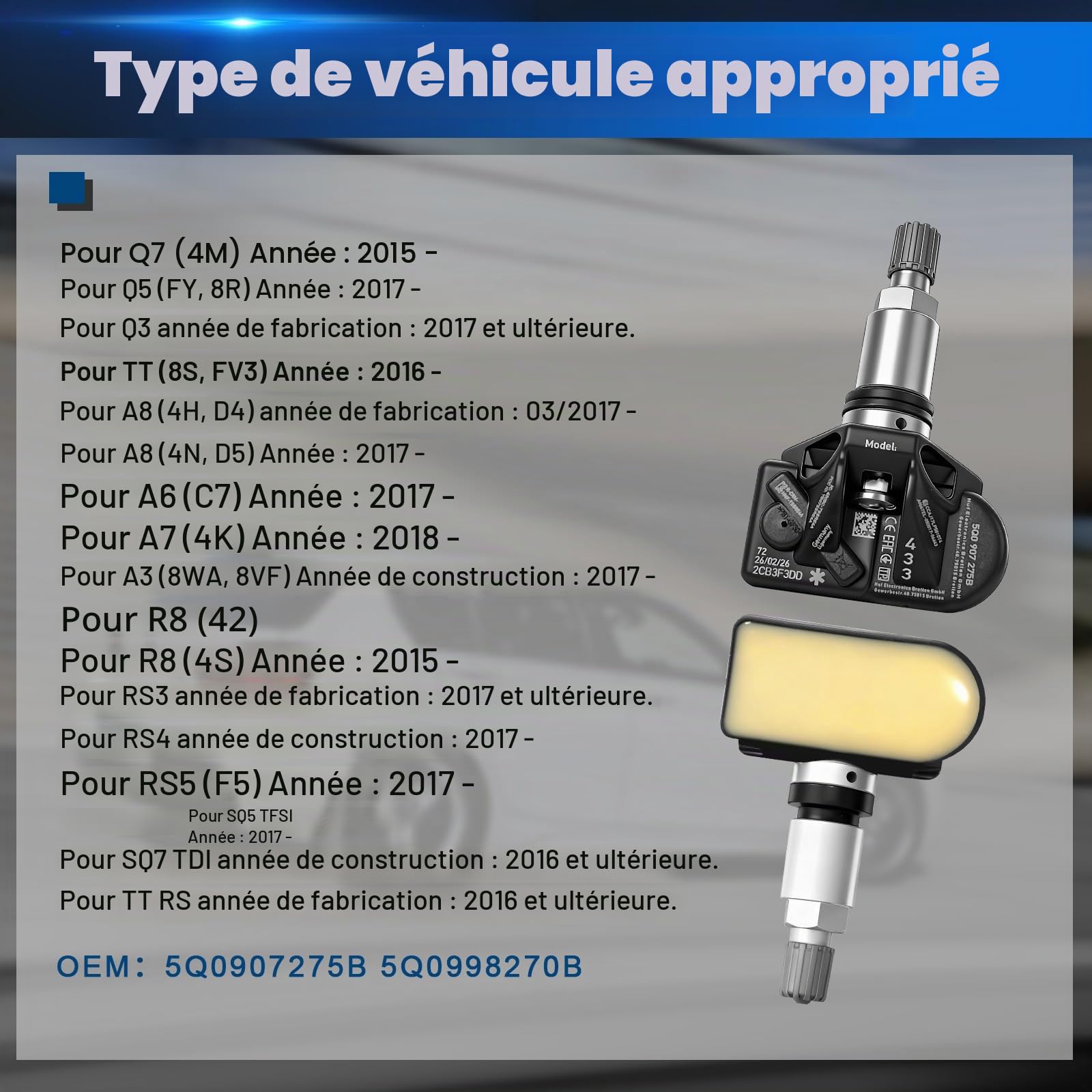 Capteur de Pression des Pneus Compatible avec Porsche Skoda Seat A3 A4 A5 A6 A7 Q1 Q2 Q3 Q4 Q5 Q7 RDKS TPMS 5Q0907275B, 5Q0998270B 4 Pièces