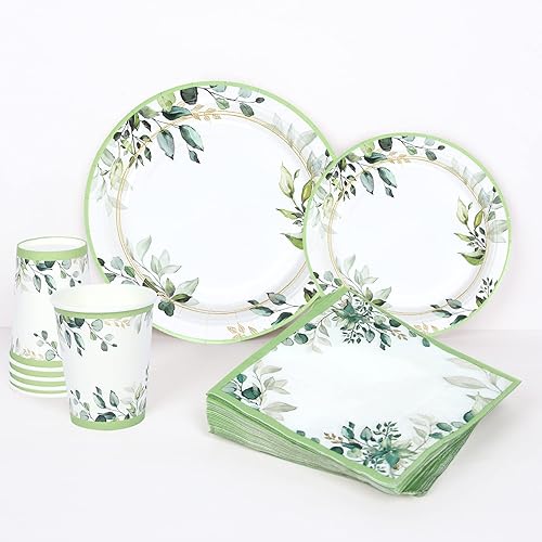 Miniatura 3 de Platos de fiesta verdes, platos y servilletas de hojas de eucalipto de papel verde salvia, vajilla desechable, vasos, servilletas para fiesta