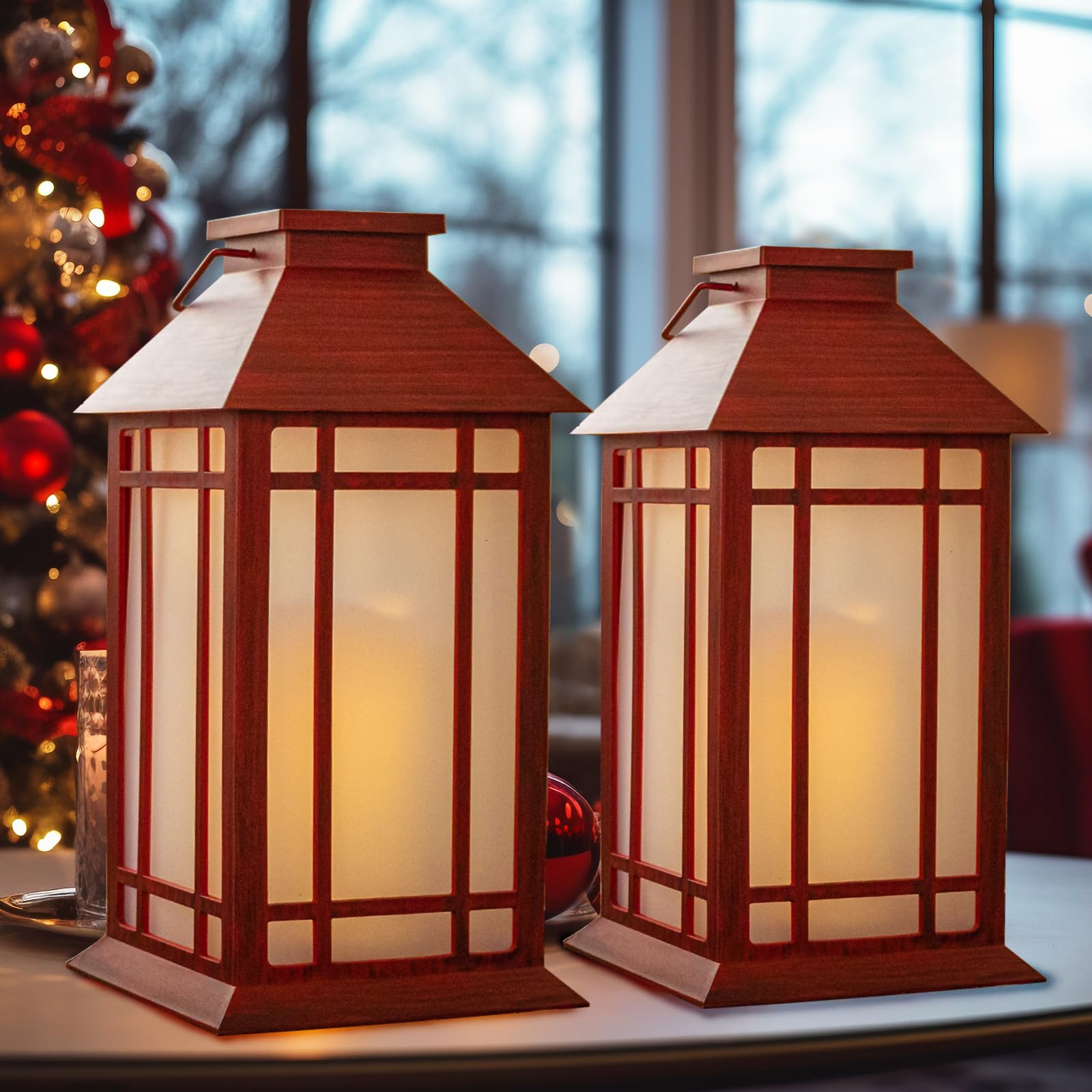 Faroles blancos decorativos para exteriores – Faroles de metal navideños festivos, paquete de 2 faroles colgantes para interiores y exteriores, decoraciones de fiesta de vacaciones