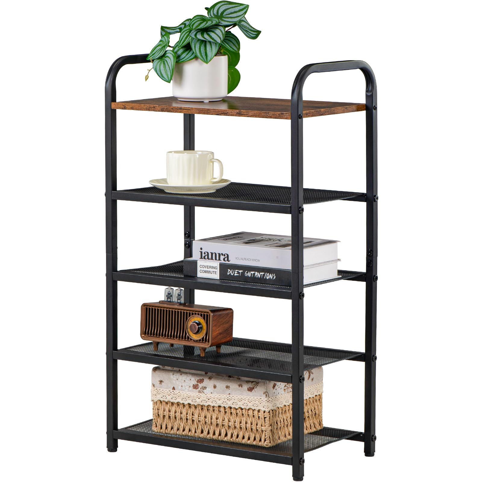 RUNJIMY 5-Tier Shoe Rack, with Heavy-Duty Metal Grid, Rustic Wooden Top, & Metal Guardrails - Transform Your Space with Style and Functionality Living