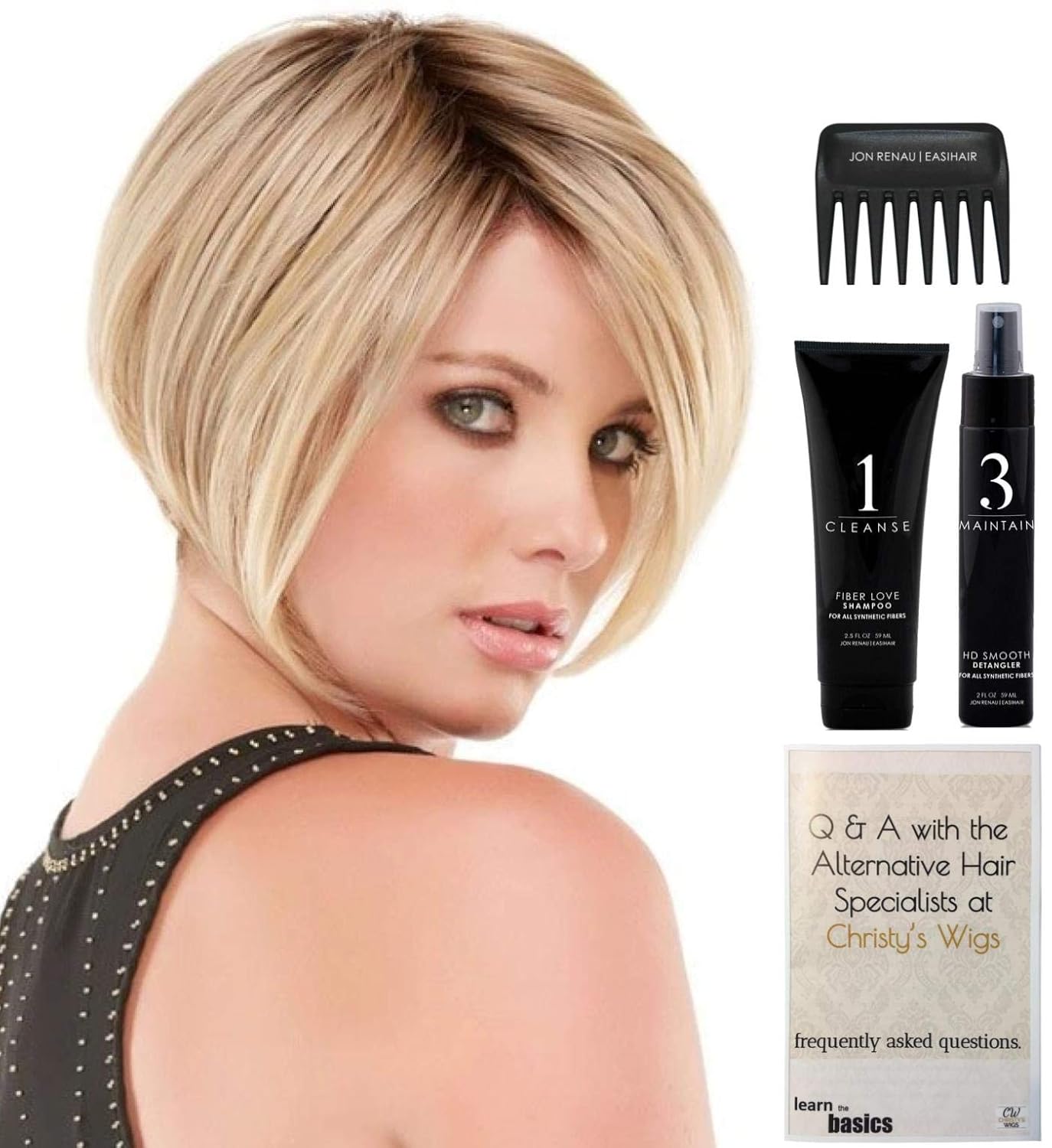 BUNDLE - 5 Items: Ignite AVERAGE SIZE Heat Friendly Synthetic Wig by Jon Renau, Christy's Wigs Q & A Booklet, HD Smooth Detangler, Synthetic Shampoo & Wide Tooth Comb - Color: 12FS8