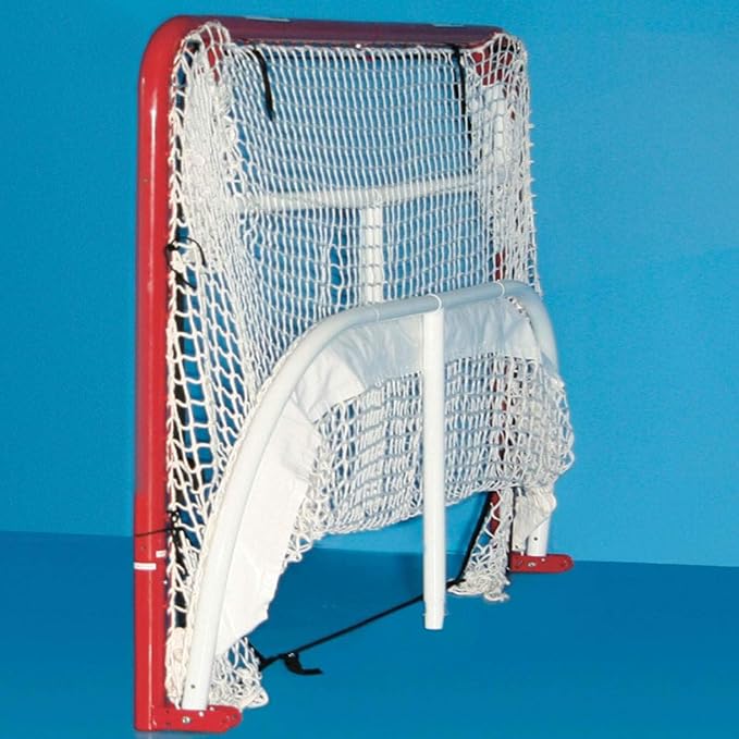 The EZGoal Hockey Folding Pro Goal is a durable and versatile option for hockey players looking to practice and improve their skills at home. This goal features a 2-inch powder-coated steel frame that is built to withstand repeated shots and impacts. The red and white color scheme adds a professional touch to the goal.