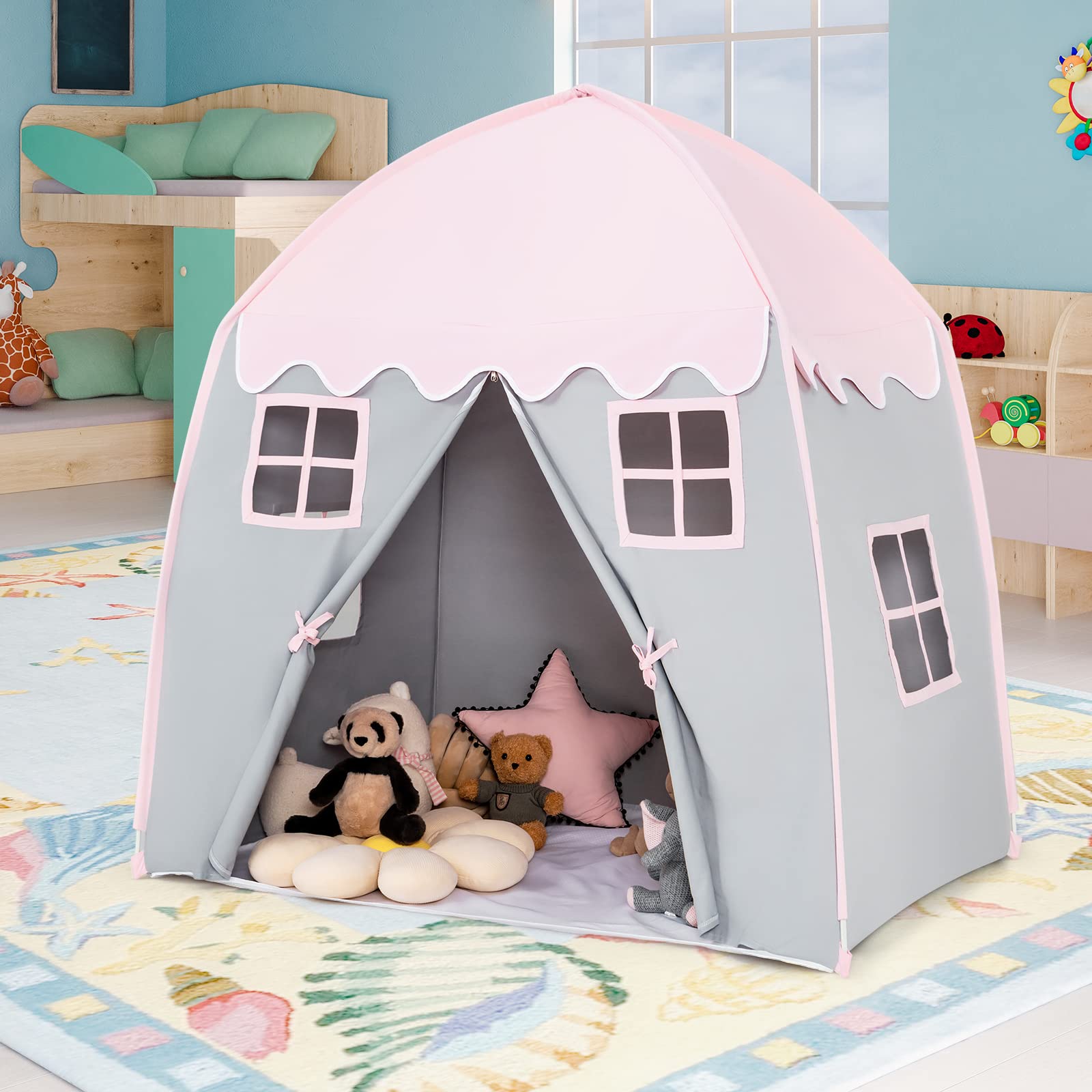COSTWAY Tienda de Campaña Infantil, Tienda de Juego para Niños, Tienda de Princesa, Diseño con Cremallera, Ventanas, Casita Portátil para Uso Interno y Externo para Niños y Niñas +3 Años (Rosa)