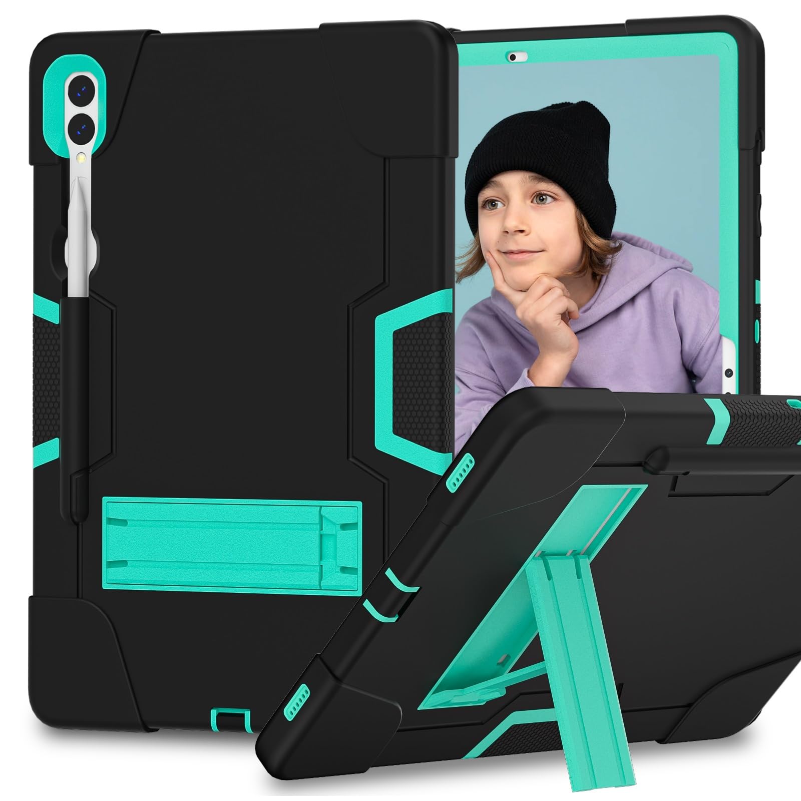 Do Samsung Galaxy Tab S9 Plus/Tab FE Plus SM-X810/X818U 31.5 cm (2023) etui silikonowe do tabletu z podpórką, wytrzymałe, odporne na wstrząsy etui, wytrzymałe etui ochronne (czarne + wodne)