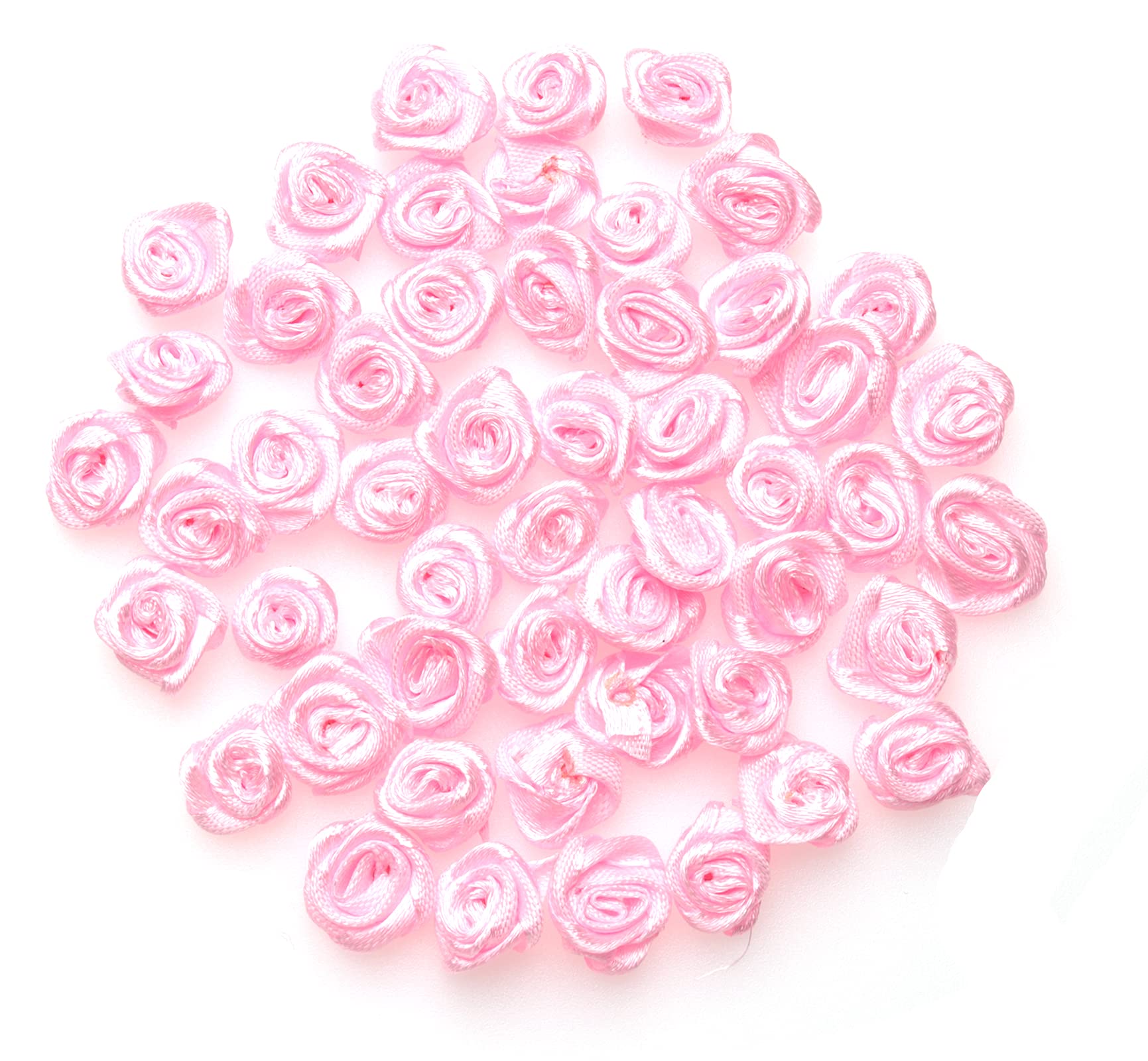 50 pcs Satin Ribbon Roses Mini Flowers Boutique Applique Sewing Embellishment Supplies for DIY Craft Project Scrapbooking Wedding Theme Parties Home Decoration (Pink)