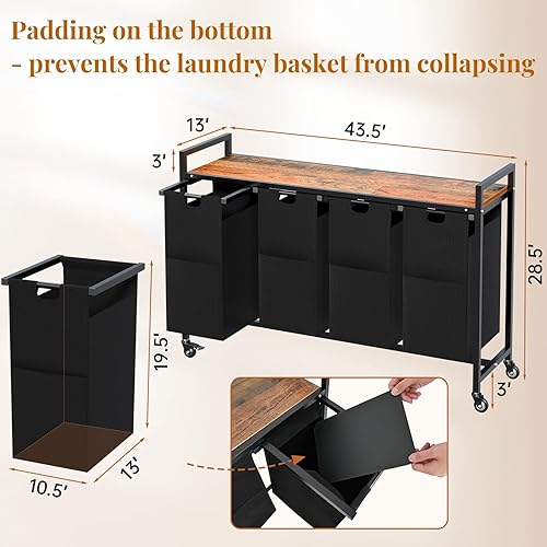 Miniatura 4 de Cesta de lavandería clasificadora de ropa sucia de 4 secciones con ruedas, carrito de lavandería con ruedas, organizador de ropa con estante y 4