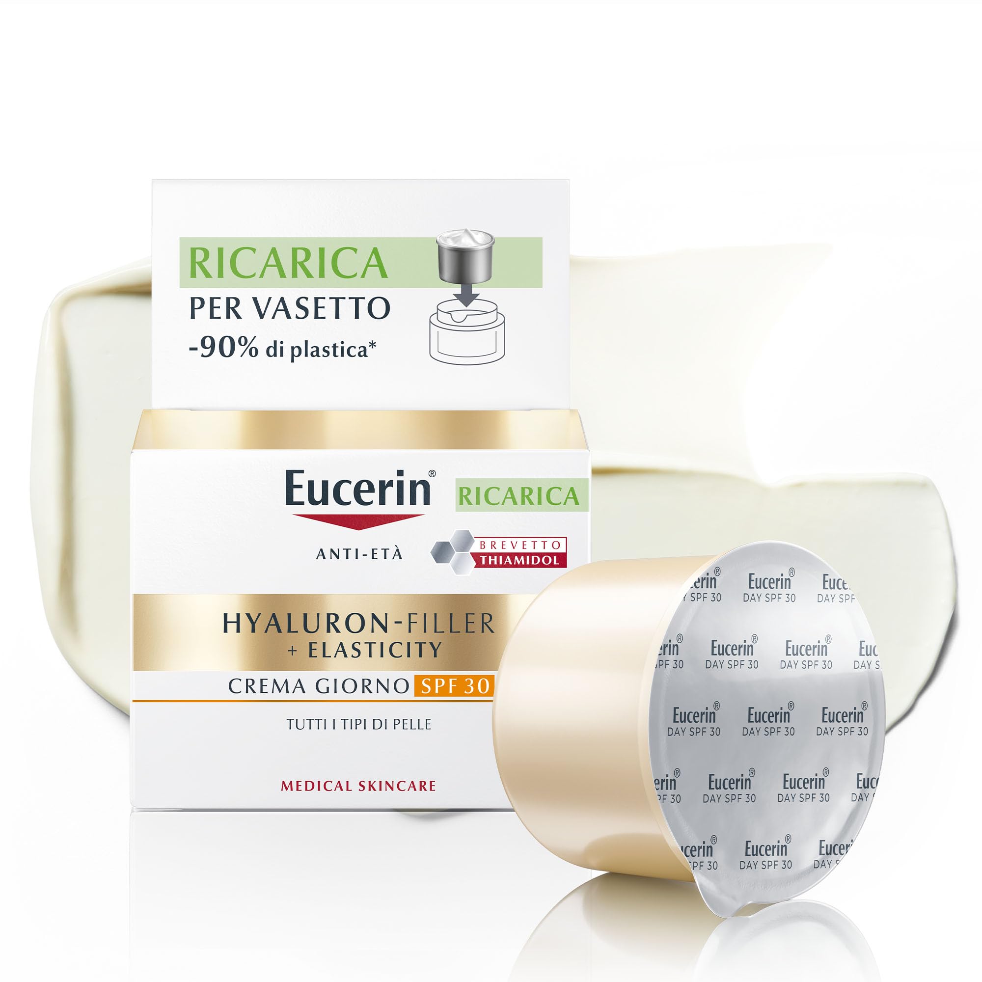 Eucerin Hyaluron-Filler + Elasticity Refill Crema Giorno SPF 30 50 ml, Ricarica di crema viso antimacchie e antirughe con Acido Ialuronico elasticizzante e Thiamidol per tutti i tipi di pelle