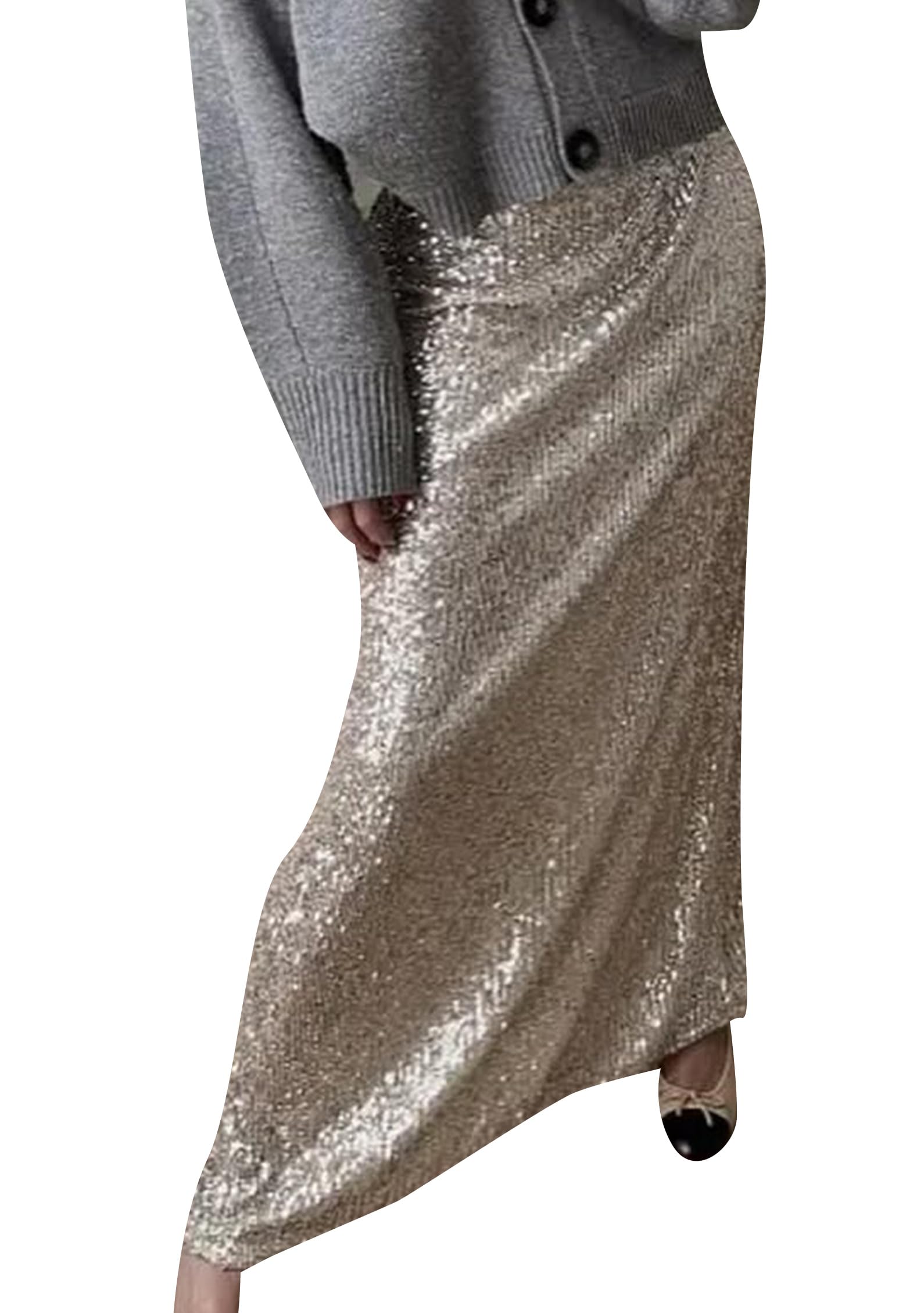 DIACACY Womens Sequin Maxi Skirt Stretchy High Waist Long Skirt Glitter Night Out Party Pencil Skirt