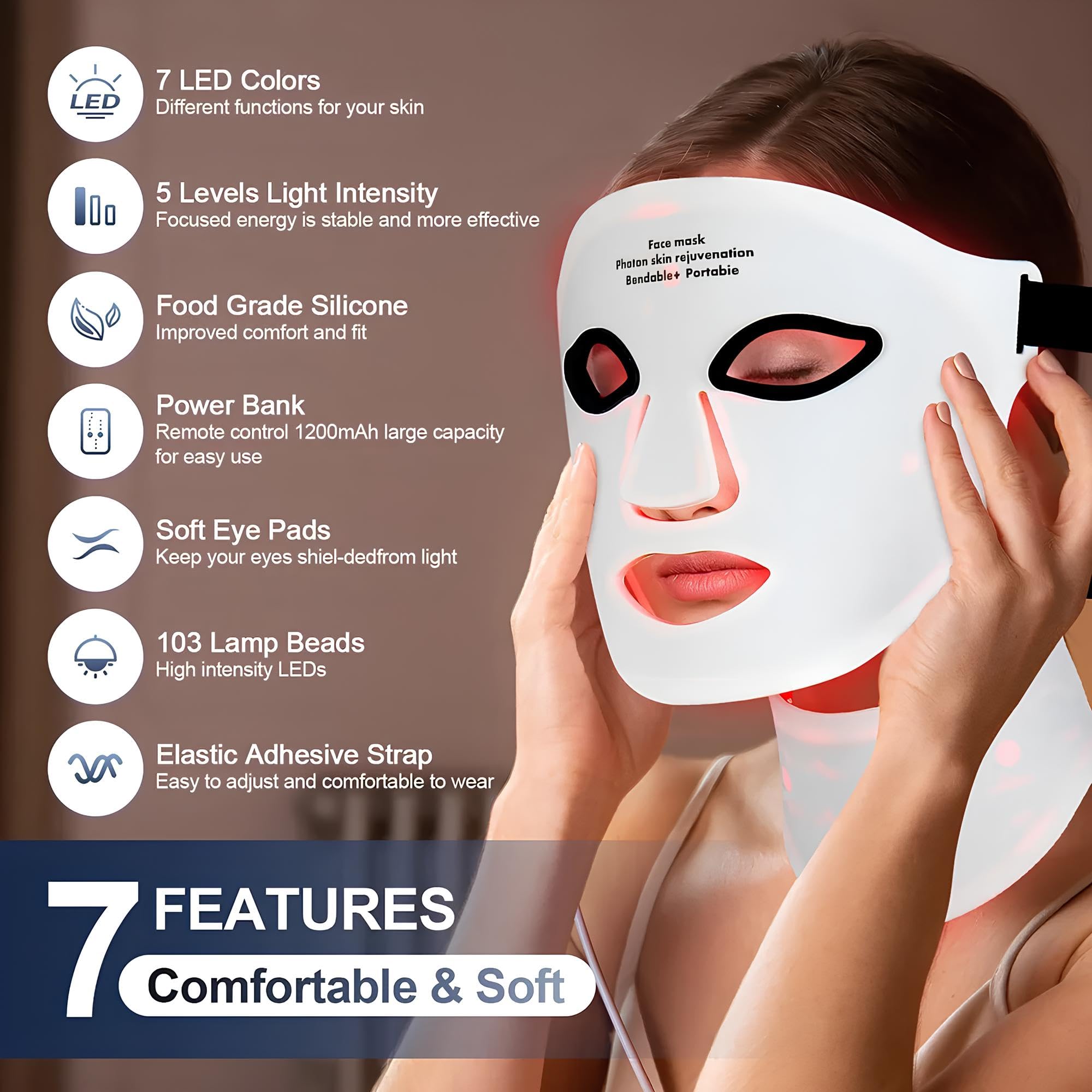Appareil de massage LED pour le visage et le cou avec 7 couleurs de lumière thérapeutique