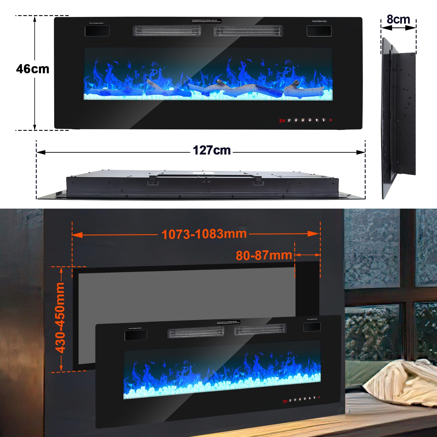 Gimisgu Cheminée électrique, Cheminée Murale électrique avec Appareil de Chauffage,12 Modes de Couleurs, Effet de Flamme LED, 750W/1500W, Télécommande, 127cm
