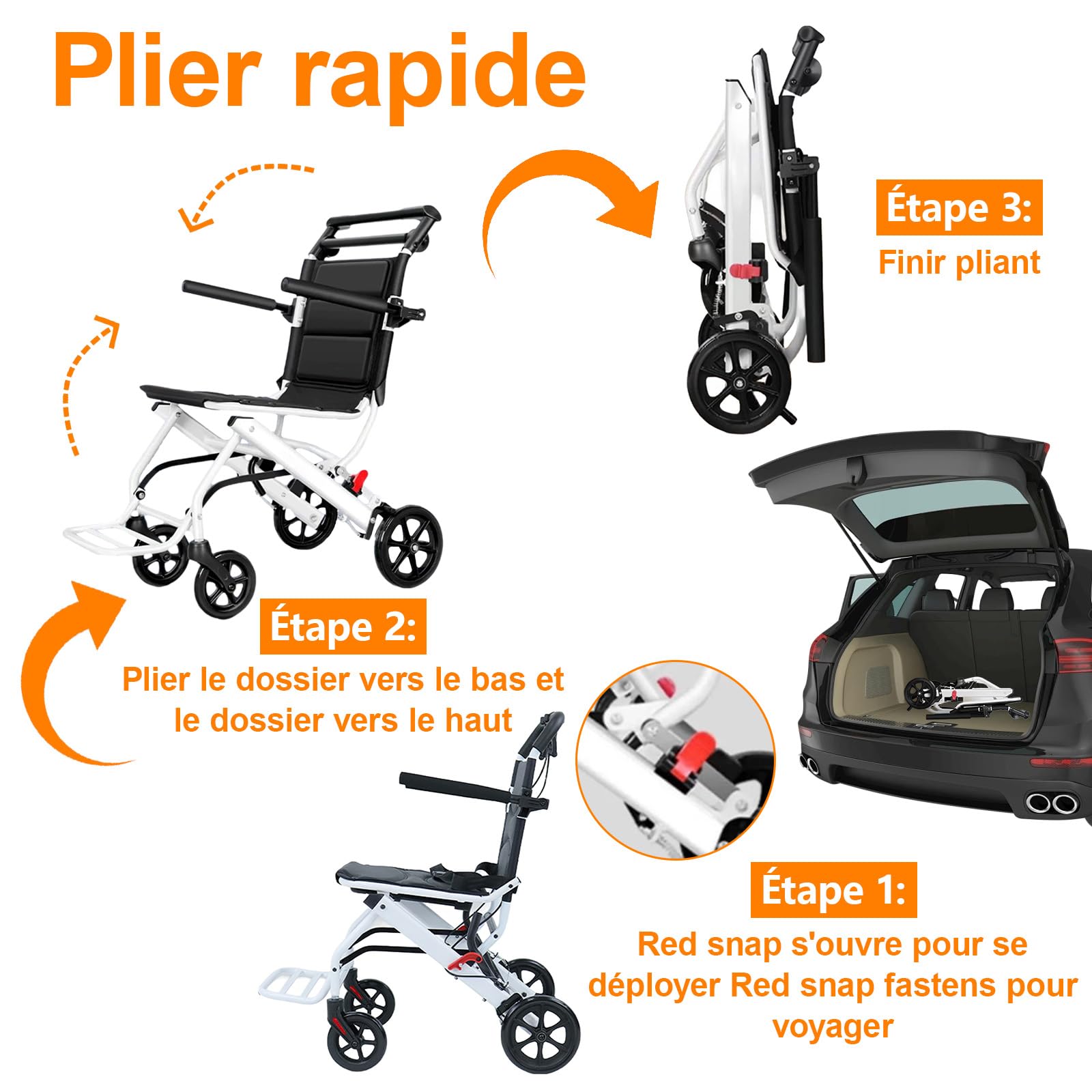 Fauteuil roulant pliable léger en alliage d’acier carbone, chaise roulante avec guidon pivotant 360°, roues PU, compact pour voyage, pour personnes âgées et handicapées
