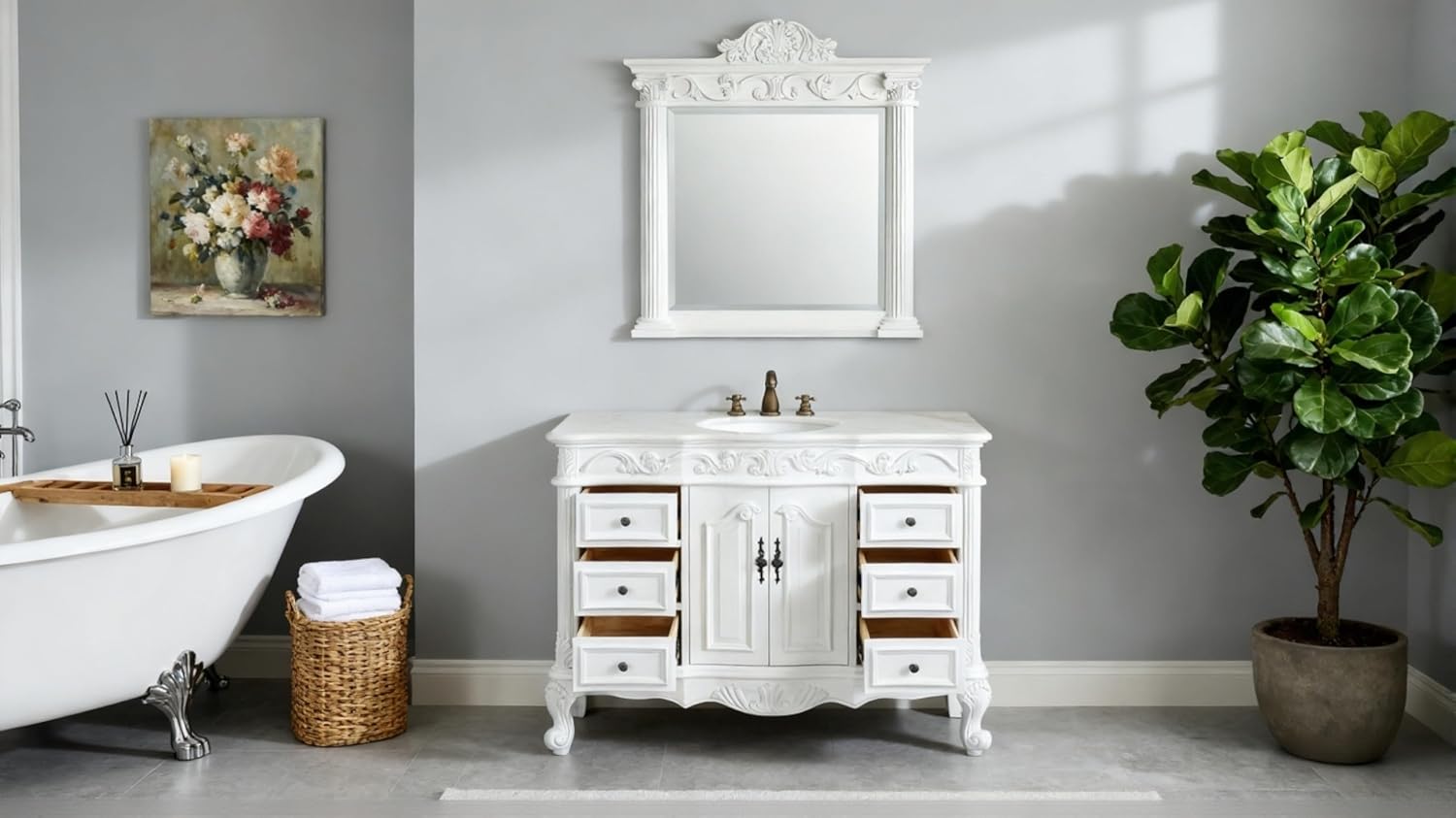 Benton Collection 48" Antique White Marble Beckham Bathroom Sink Vanity & Mirror SW3882W-AW-48MIR