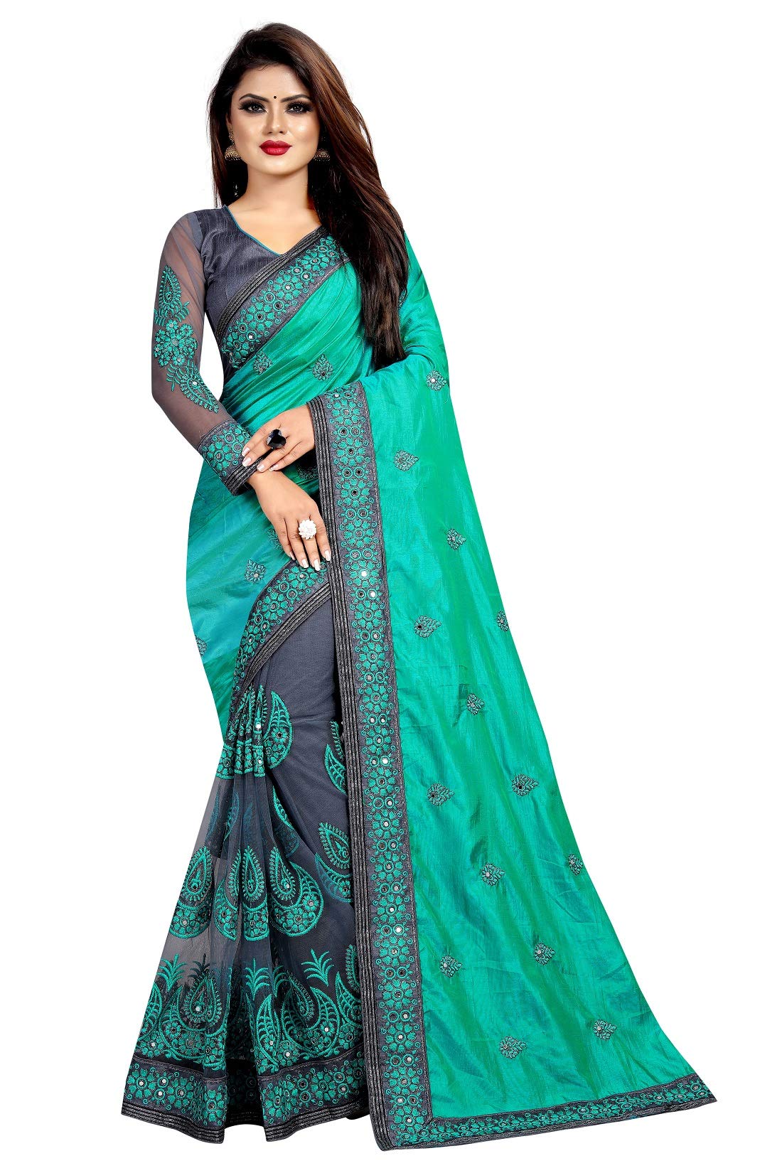 B BELLA CREATION Woven Women's Sana Net Saree with Banglori Silk Blouse Piece (Green) (B Bella-Moon