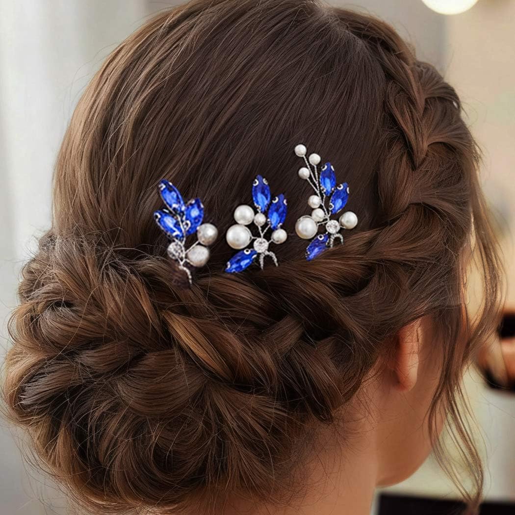 HEREAD Blue Crystal Bride Wedding Hair Pins Silver Pearl Bridal Hair Pieces Rhinestones Hair Accessories for Women and Girls(Pack of 3) (Silver) - Image 6