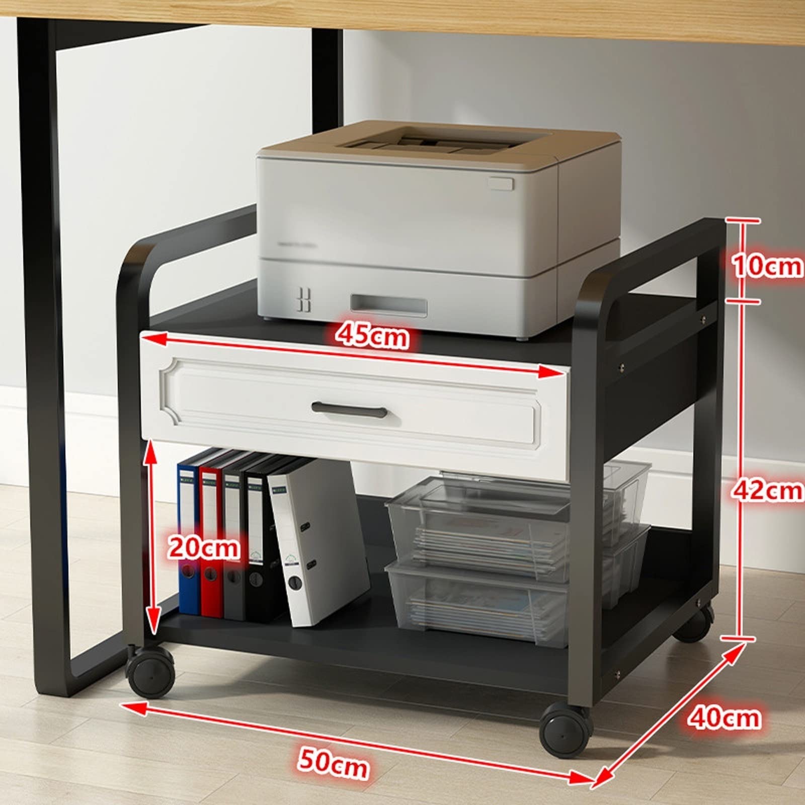 Druckerständer mit Schubladen und Lenkrollen, Heimbüro, Organizer für Faxgeräte, mobiler Druckerwagen, unter dem Schreibtisch, Aufbewahrungsregal (L x B x H): 50 x 40 x 52 cm