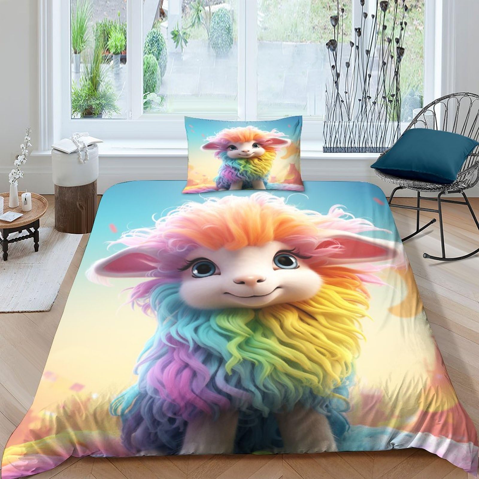 Cartoon Sheep 3D Printed Duvet Cover Set Brushed Microfibre Soft Quilt Covers Easy Care Hotel Quality Wildlife Bedding Sets with Pillowcase 2 Piece Set Single（135x200cm）