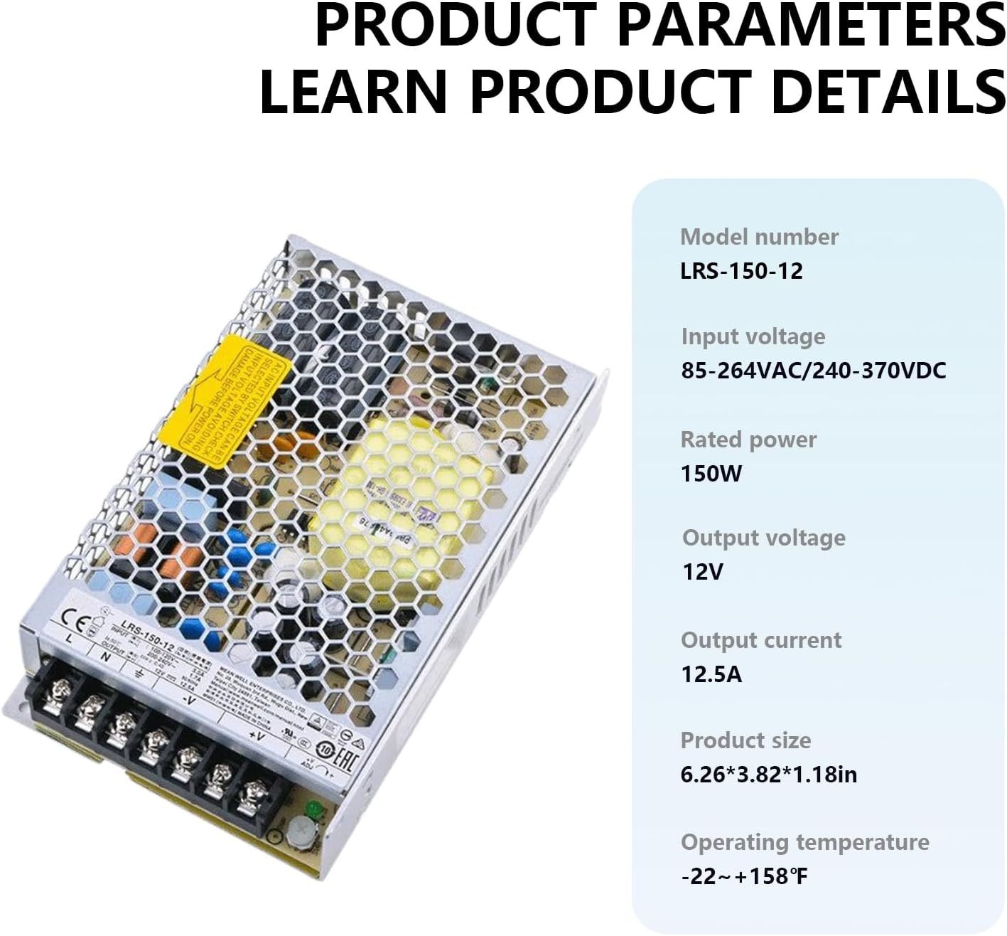 LRS-150-12 12V 12.5A 150W Industrial Grade Power Supply - High Efficiency Switching PSU for PLC, CNC & Automation Equipment