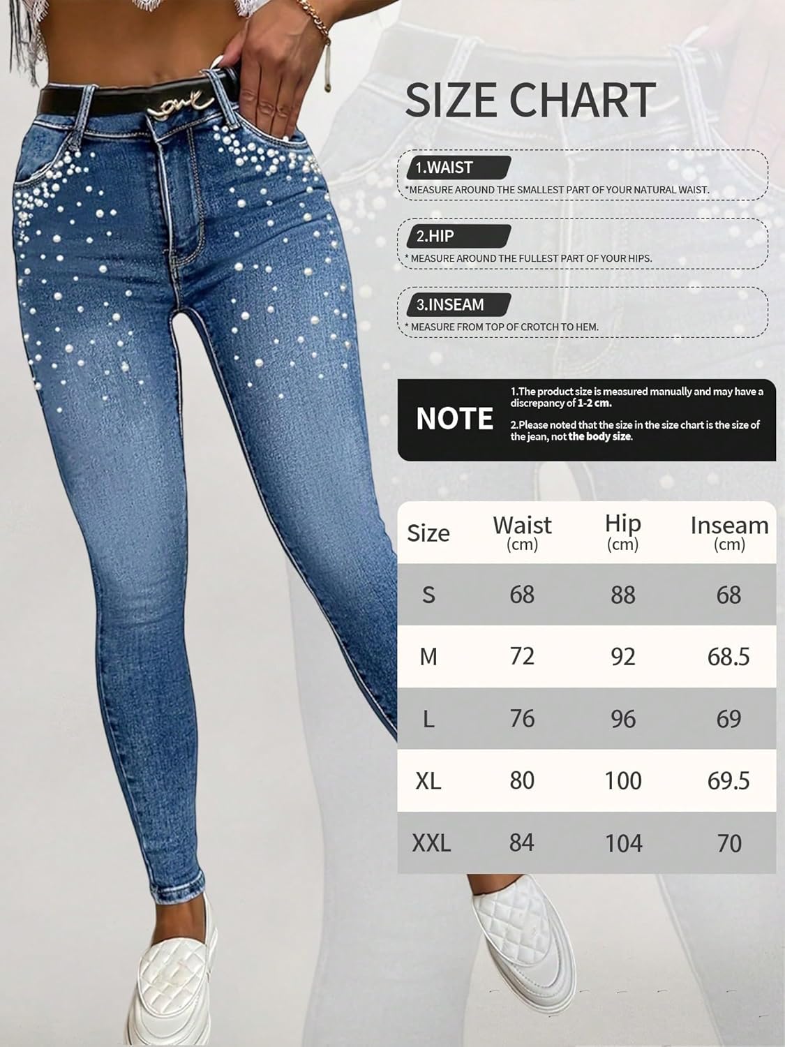 High Waisted Jeans for Women Stretchy Skinny Pearl-Embellished Long Denim Pants Tummy Control Sparkle Detailing