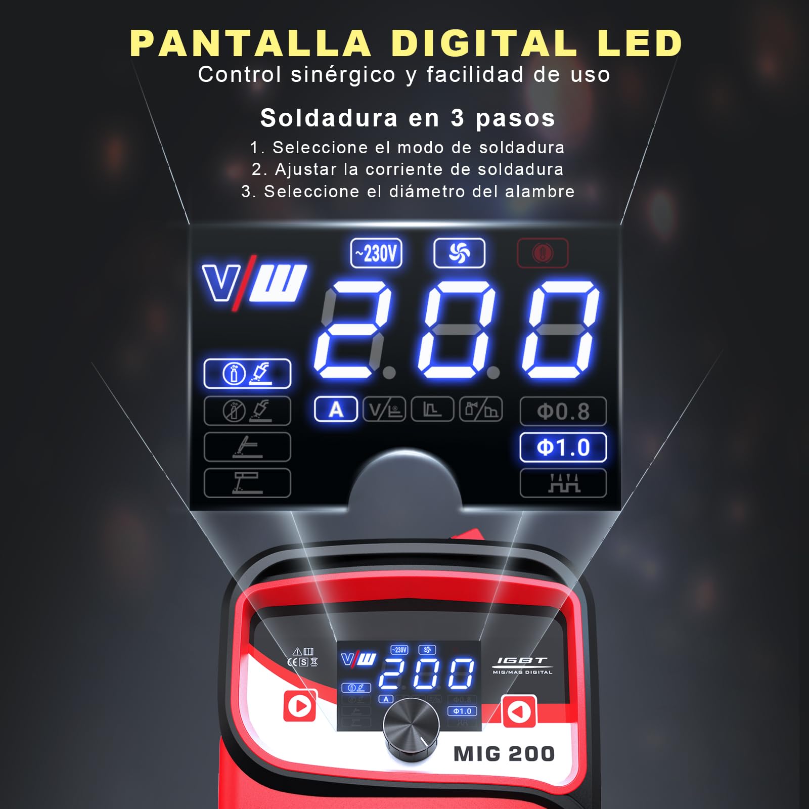 Soldador de Hilo 200 A Máquina de Soldar MIG MAG 4 en 1 MMA/sin Gas MIG/Gas MIG/Lift TIG, Soldaddora de Hilo Continuo con Pantalla LED, IGBT,VECTOR WELDING