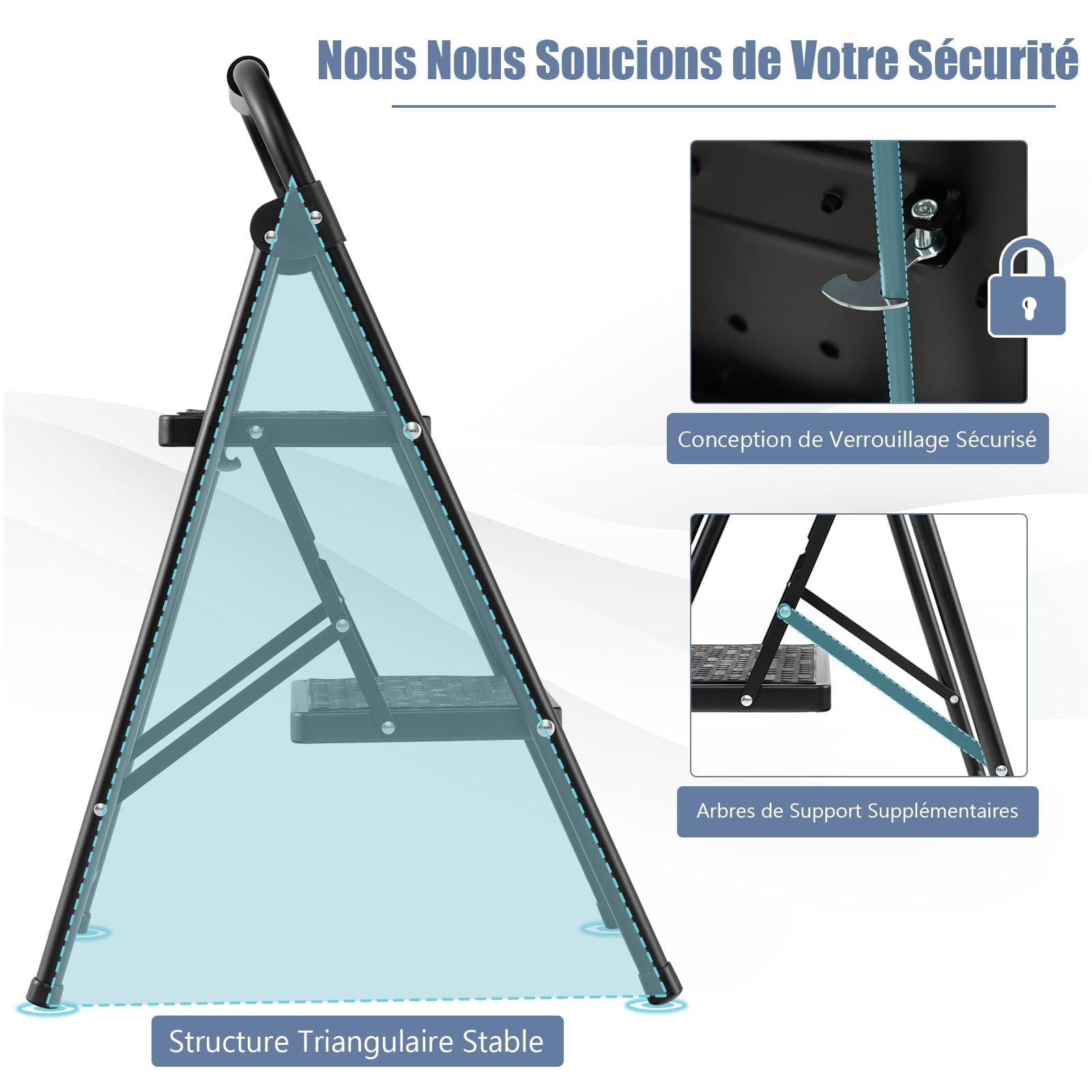 GYMAX Escabeau 2 Marches Pliable, Charge 265 kg, avec Pédales Larges et Antidérapantes, Poignée Rembourrée, Cadre Métallique, Utilisation Intérieur Extérieur