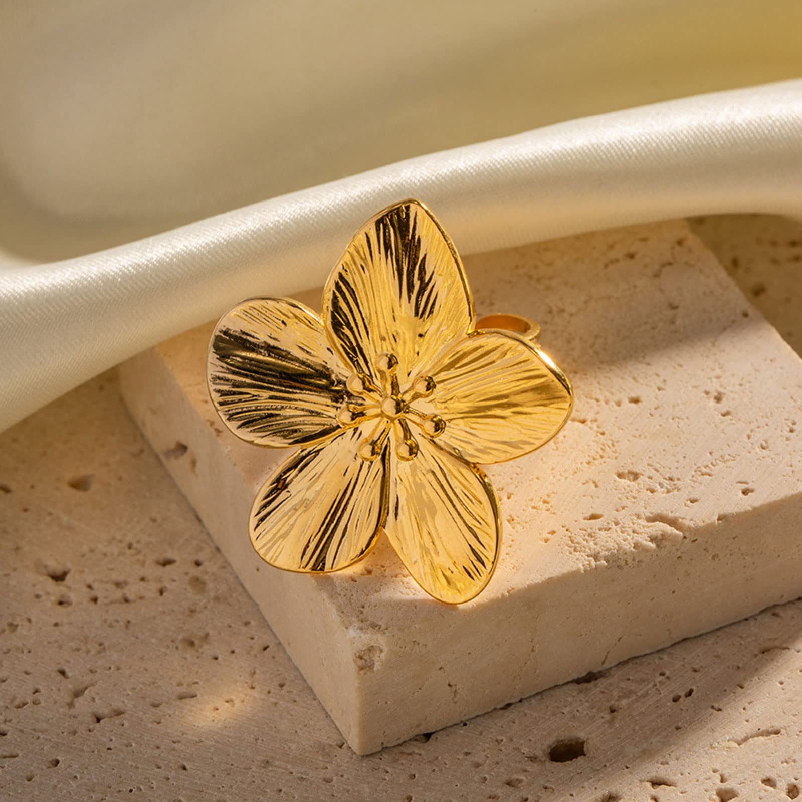 Bague Ouverte Réglable Motif Fleur Vintage - Acier Inoxydable, Design Déclaration - Cadeau Anniversaire, Noël - 9
