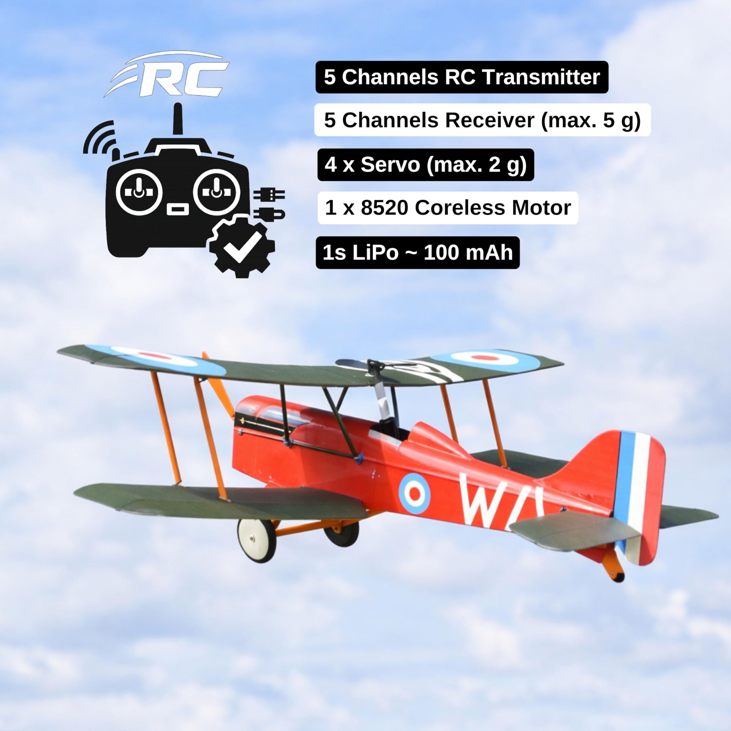 RAF SE5A Slow Flyer Modellflugzeug Kit, Maßstab 1:20, 380 mm Spannweite, RC Flugzeugmodell Baukasten, Modell Flugzeug zum selbst Bauen, gelaserte Balsa Holz Bauteile, 380 x 290 x 135 mm, 45 g RTF