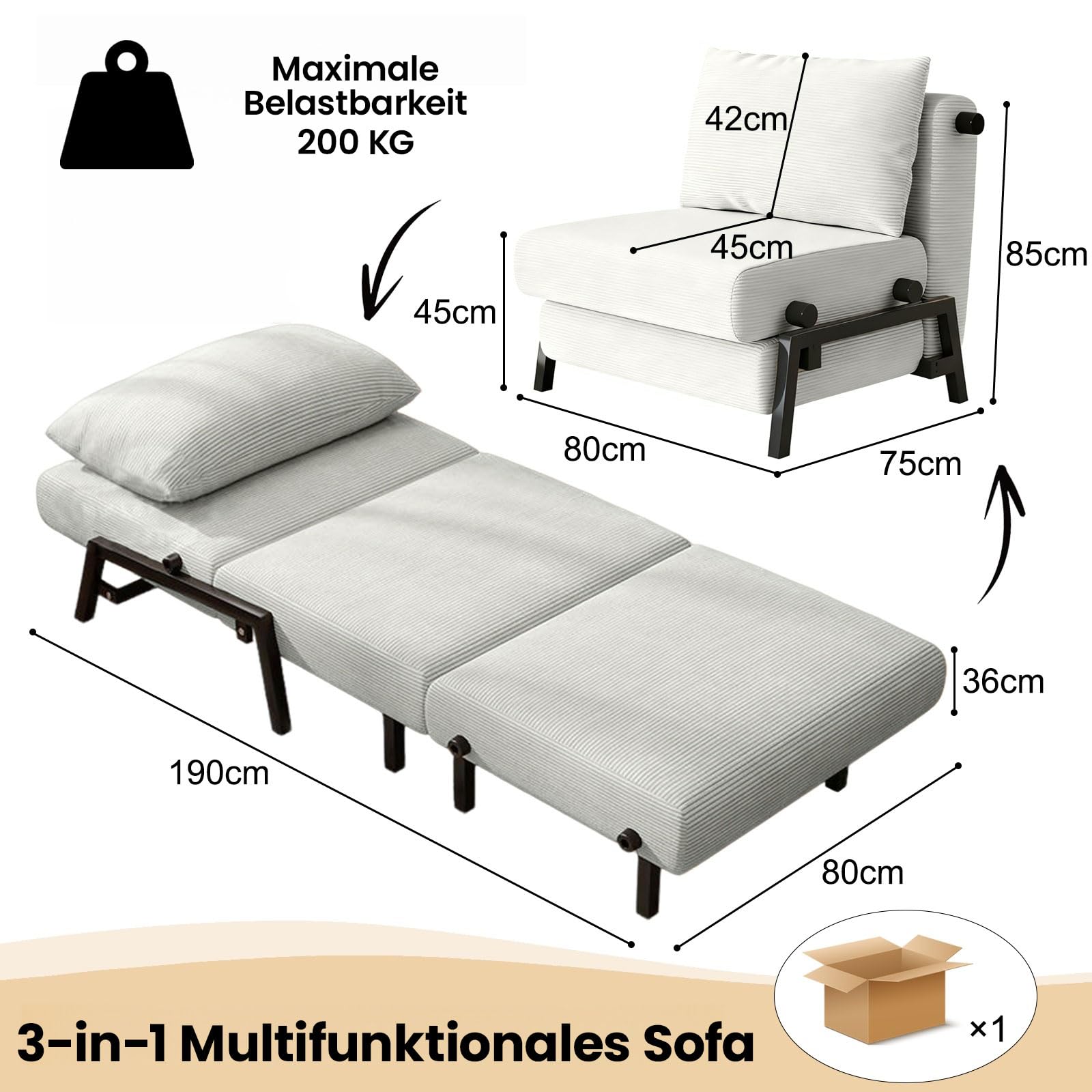 Generisch Schlafsofa Klappbar, 1-Sitzer Sofa mit Schlaffunktion, Kordsamt | Wandelbarer Schlafcouch mit Kissen, Metallrahmen, Einzelsessel für Kleine Wohnzimmer Schlafzimmer Gästezimmer