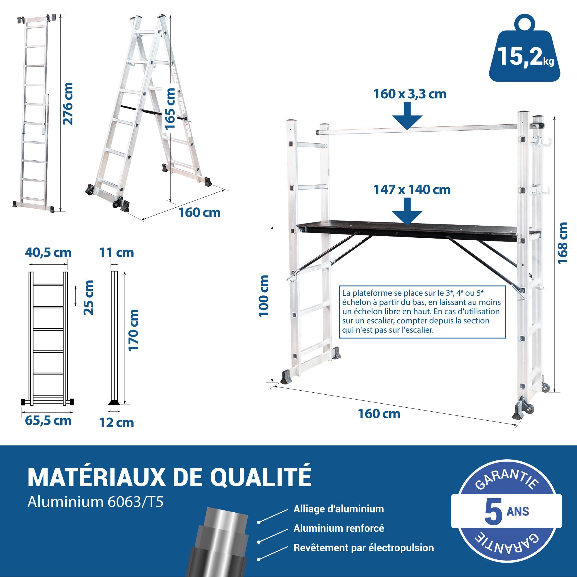 HOSTRÖM Echafaudage Roulant SCAFFOLDAX2X6, échafaudage Jardin et Pliant Multifonction 4 en 1, echelle 2 Plans, H Max Travail 4,46m, Garantie 5 Ans