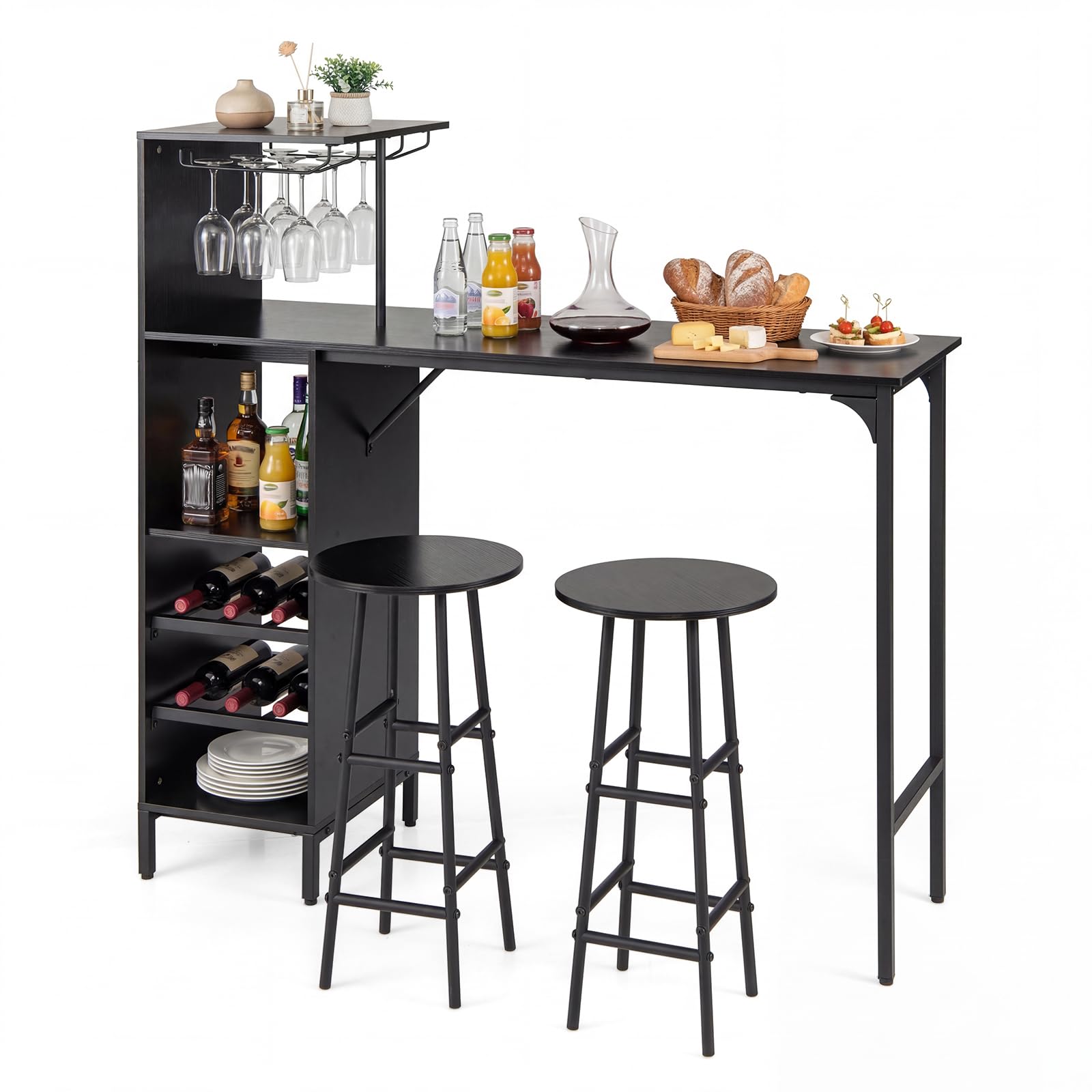 COSTWAY Set 3 Pezzi Tavolo e Sedie da Bar, Tavolo e Sgabelli da Pub Industriale con Porta Calici e 6 Portabottiglie da Vino, Set di Tavolo per Sala da Pranzo, Ristorante e Bar (Nero)