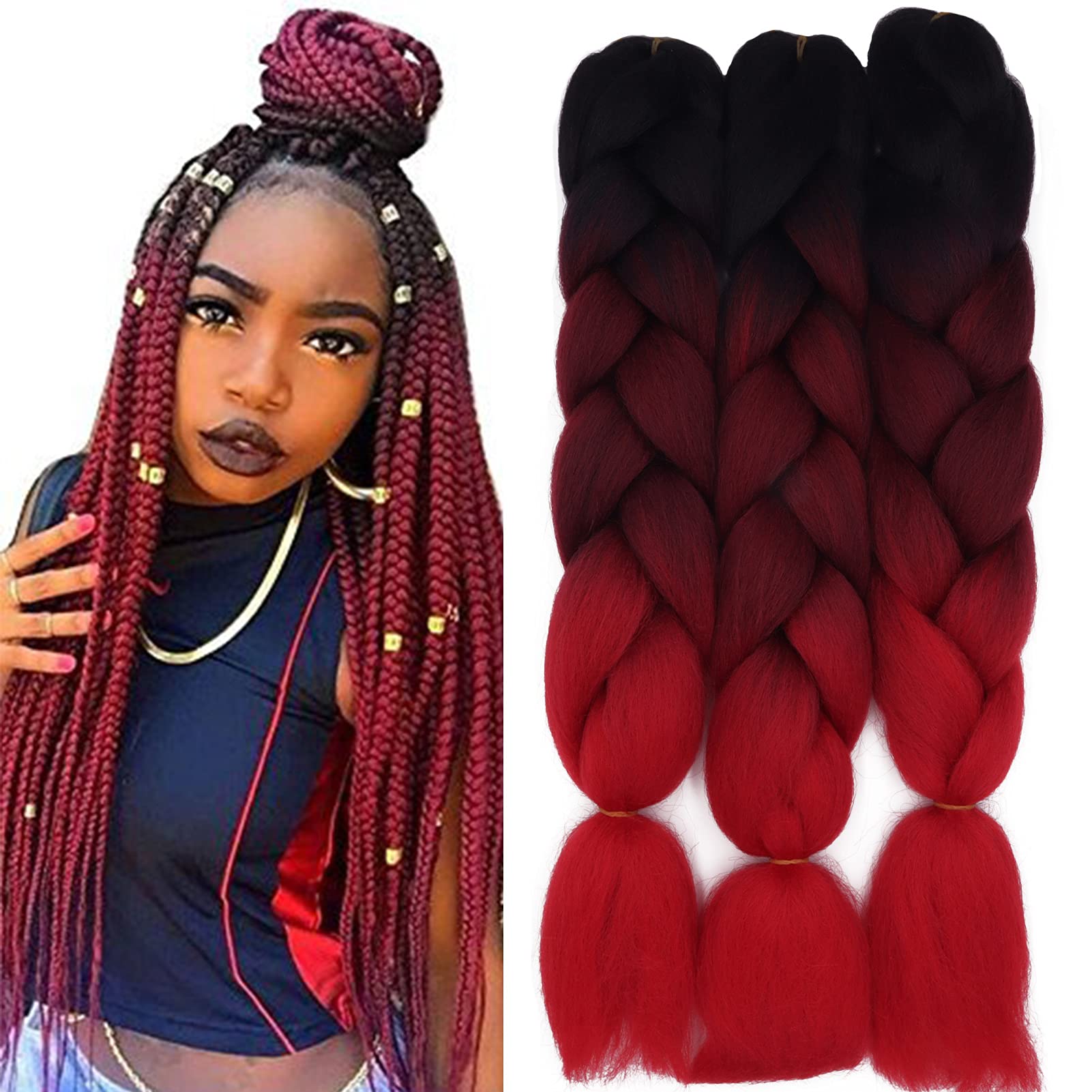 Cybelleza 60cm Extensiones para Trenzas Africanas Extensiones de Pelo Sintético para Trenzas Africanas 3PCS Ombre Braids Extensiones de Cabello Trenzado Postizas (Negro & Vino rojo & Rojo)