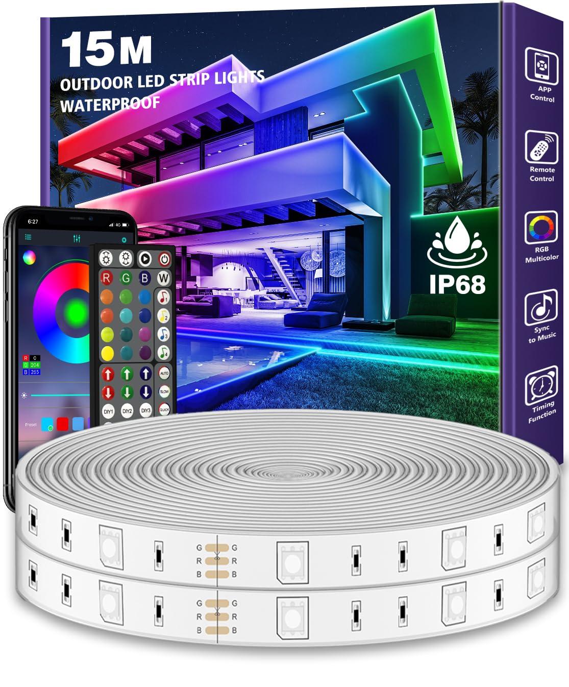 Letianpai Rgb Outdoor Led Strip Lights Waterproof,Music Sync Ip65 Outside Led Light Strips Waterproof With App And Remote,Balconyexterior Led Rope Lights For Deck 15M