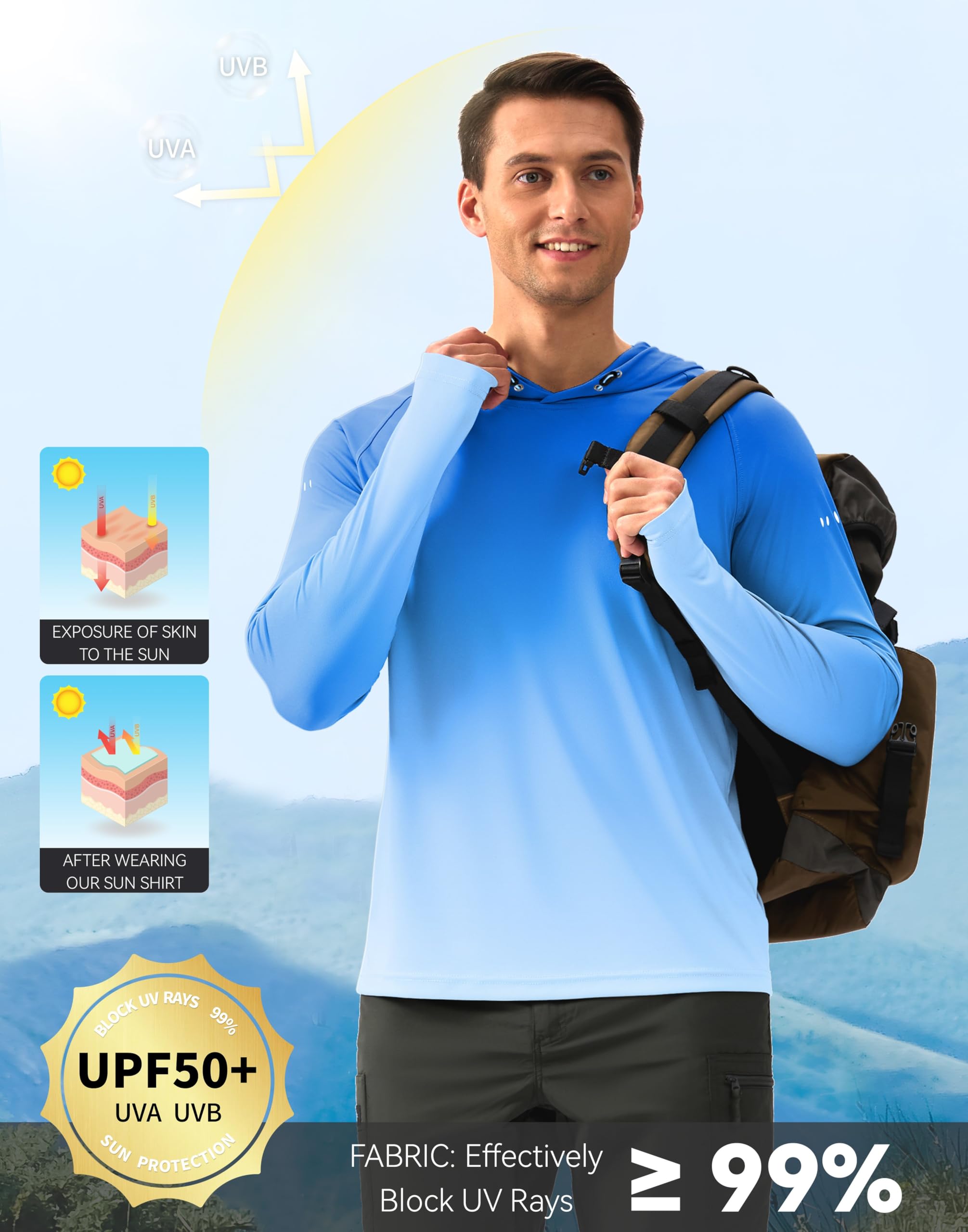 Men's Sun Protection Hoodie Shirt UPF 50+ Long Sleeve Fishing Rash Guard UV SPF Summer Lightweight Hiking Shirt for Men