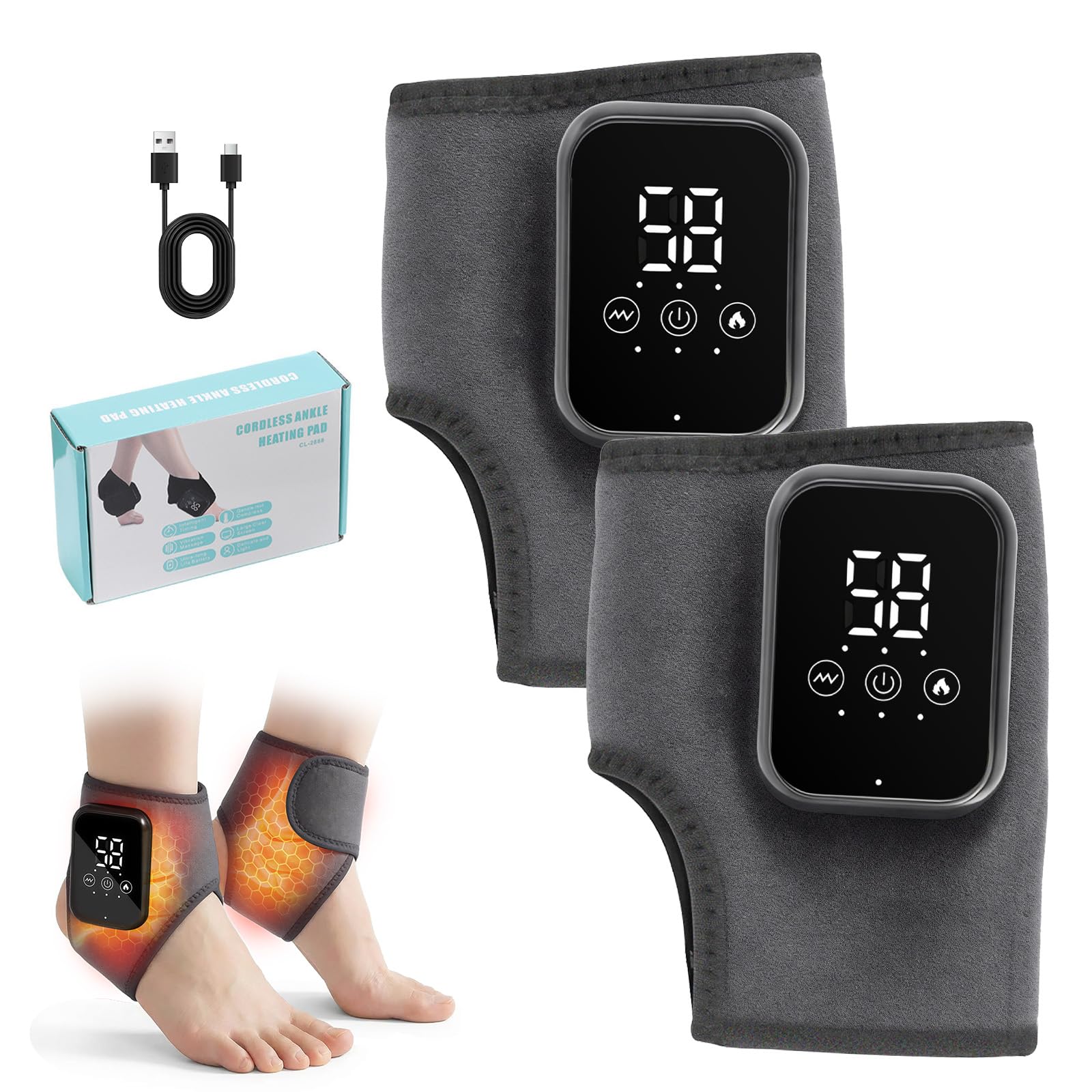 Masajeador de pies 3 en 1, Masajeador eléctrico para pies y Tobillos, Tobillera Térmica Inalámbrica con 3 Modos, 3 Niveles de Calor, para Circulación y Alivia el Dolor de Pies (Gris A (2 unidades))