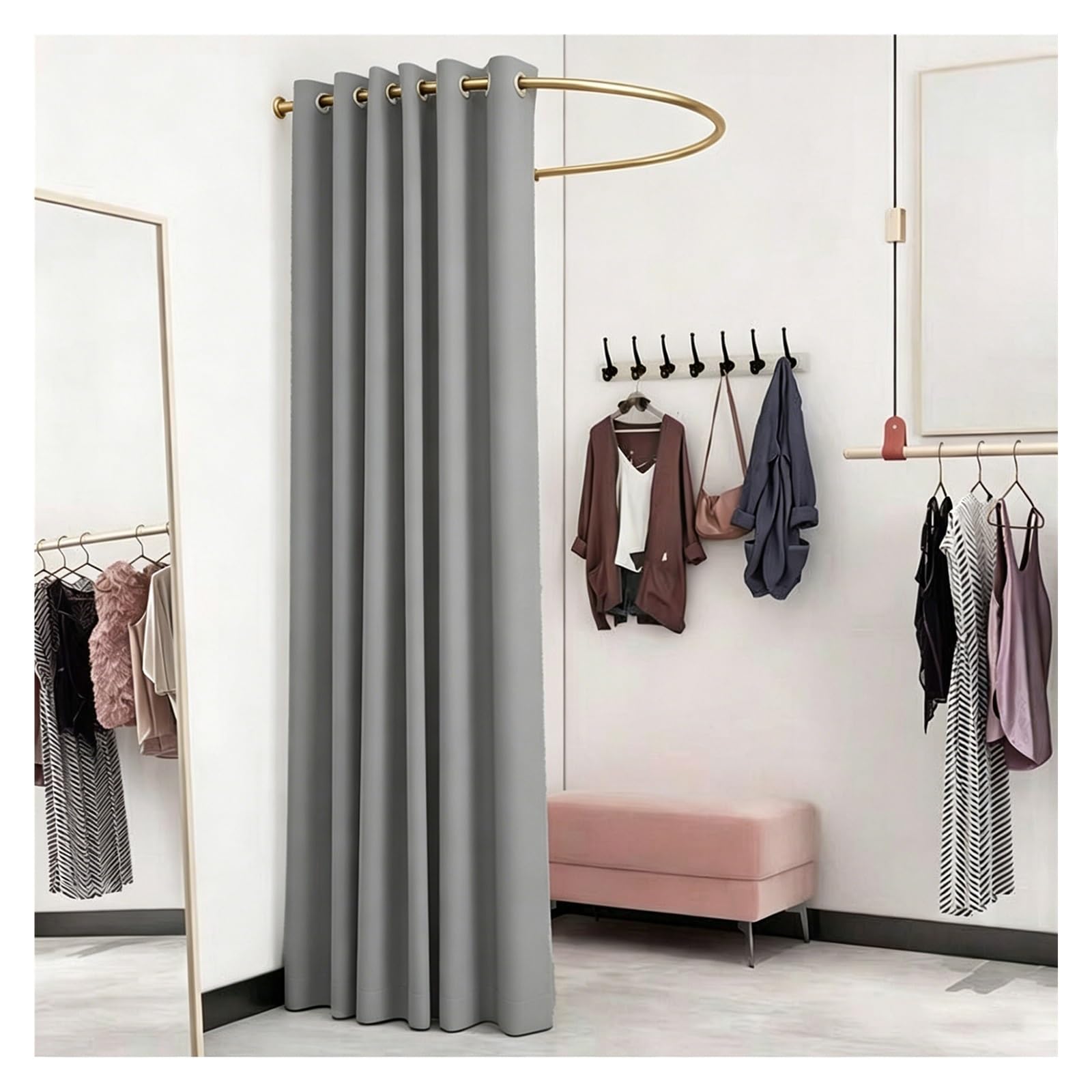 ZJKXJH U Shaped Fitting Room Curtain Rod with Blackout Curtain, Wall-mounted Changing Curtains for Small Spaces, Privacy Partition for Room Divider(Gold Rod+Gray Curtain,110cm/43.3in)