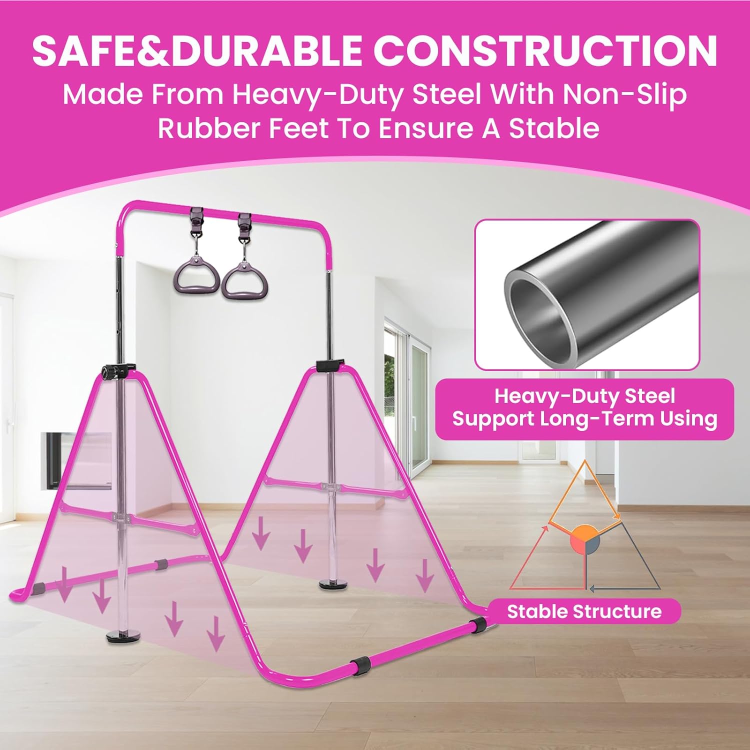 Amrta Foldable Gymnastics Bar with Rings, Adjustable Collapsible Horizontal Training Equipment Set for Indoor Outdoor Home Use Gym Gift in Pink Purple Blue