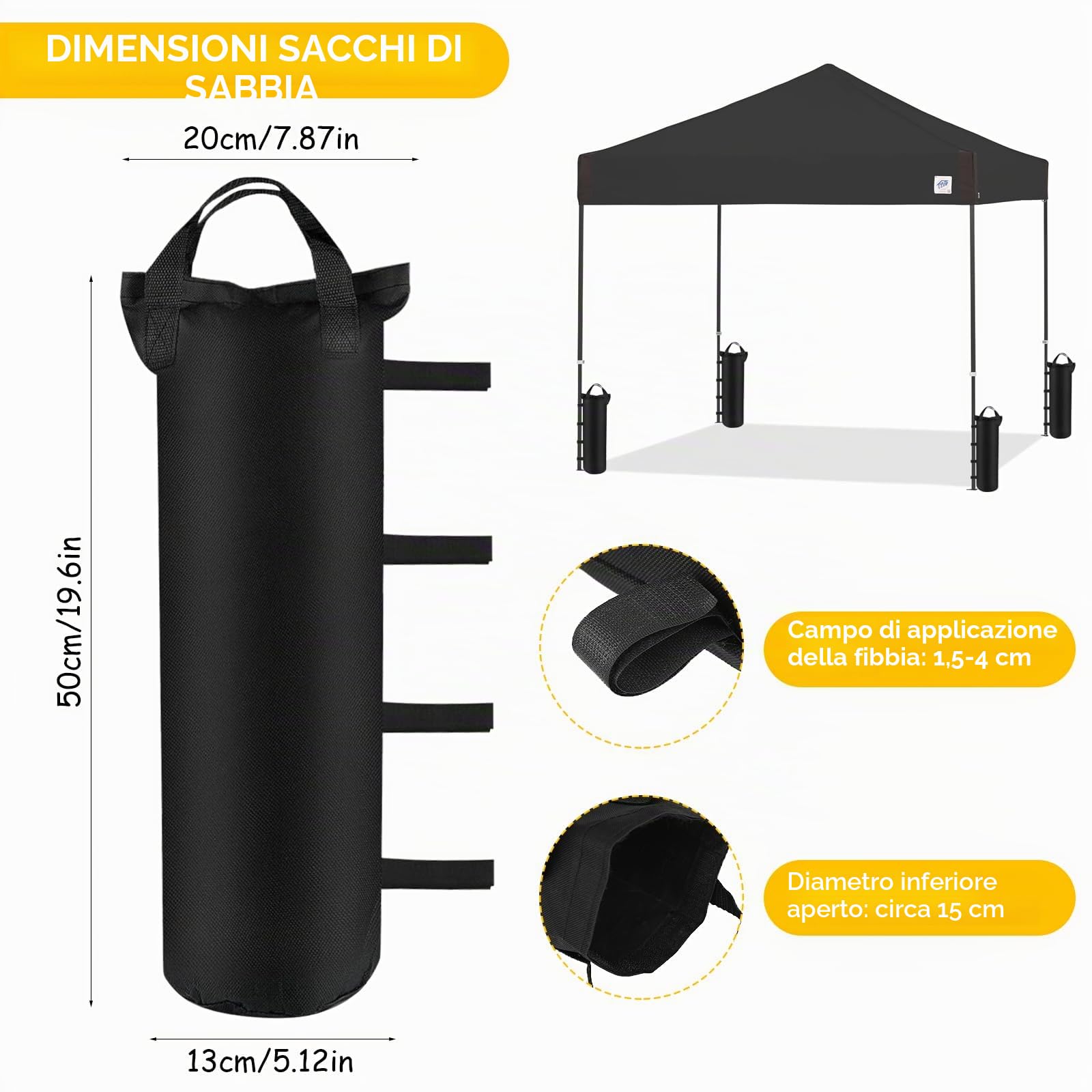 Sacchi di Sabbia per Gazebo Set da 4, Pesi per Gazebo in Oxford 800D, Zavorre per Tendone da Giardino, Spiaggia e Campeggio - Stabilizzatori per Ombrelloni e Tende
