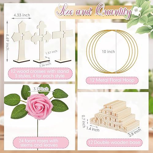 Miniatura 2 de Wesiti 48 piezas de centro de mesa de bautismo, decoración de bautismo para mesa, 12 cruces de madera, 12 aros florales de metal con soporte, 24