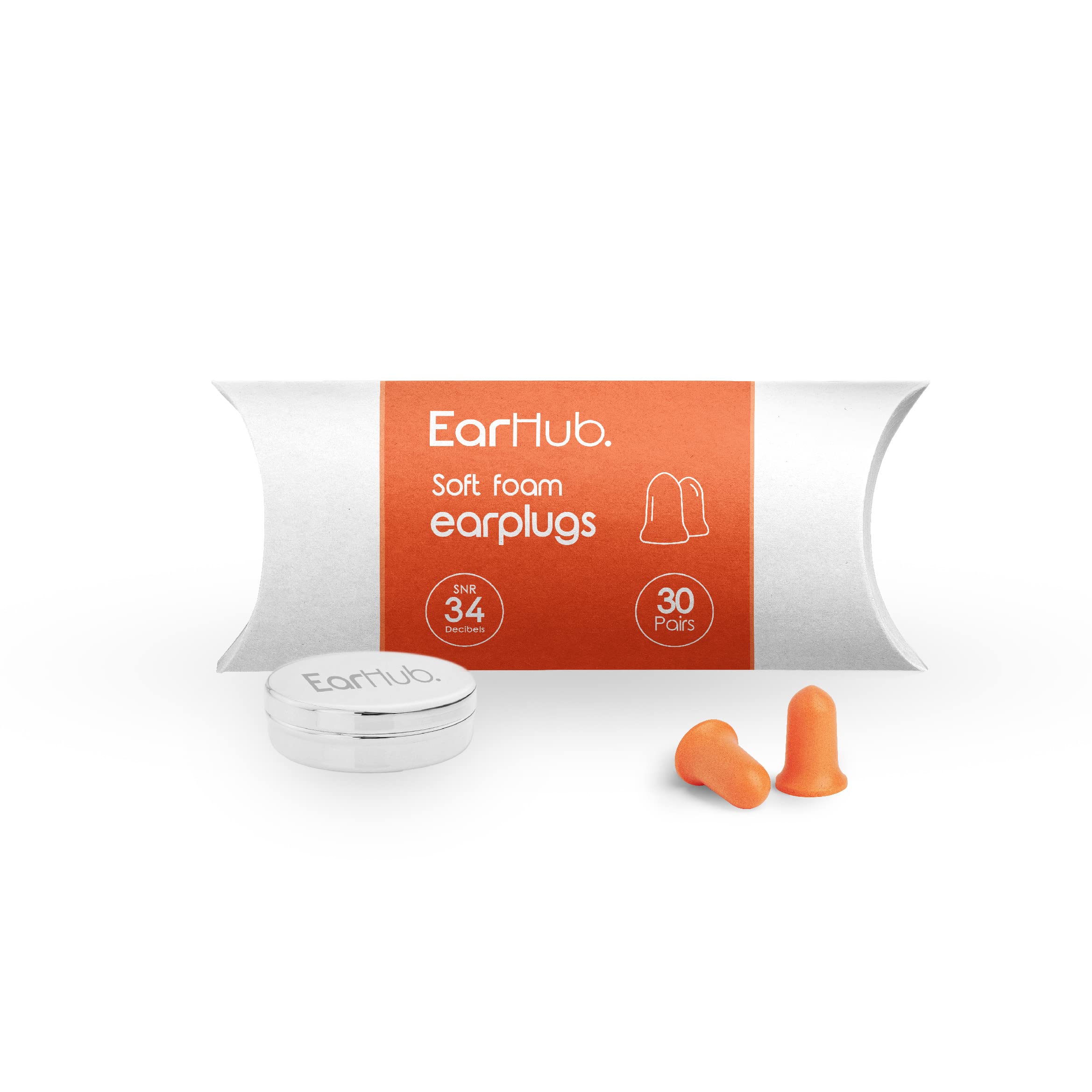 EarHubPremium Soft Foam Orange Earplugs 30 Pairs. Hearing Protection 34dB. Ear Plugs Best Used for Sleep. Also Used for Travel, Work, Study & Concerts