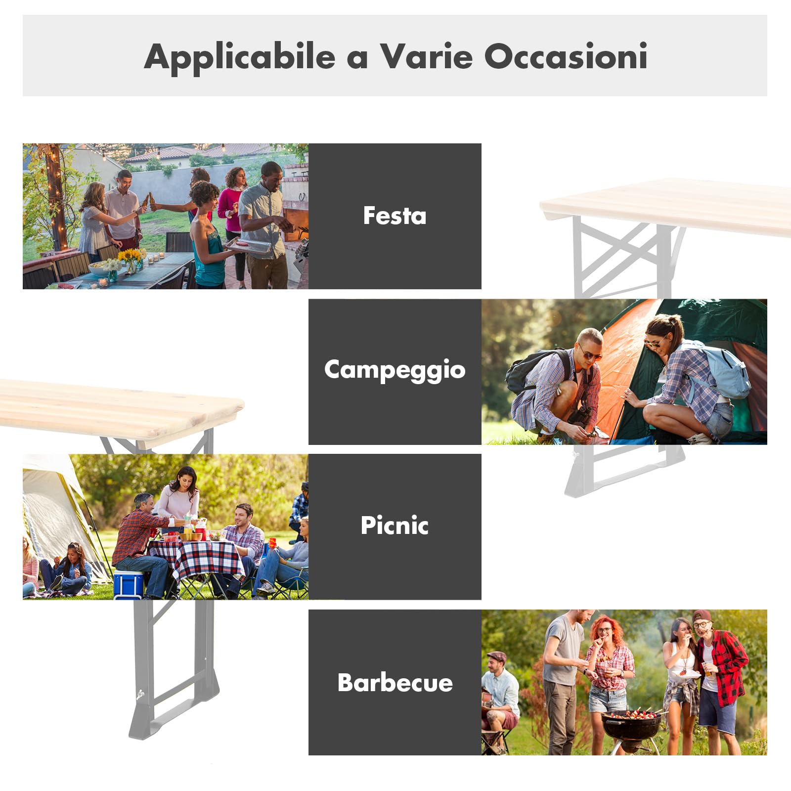 COSTWAY Tavolo da Picnic Pieghevole, Tavolo da Campeggio in Legno, con Altezza Regolabile, con Foro per Ombrellone, 168,5 x 50 x 75/105 cm, Portata 50 kg