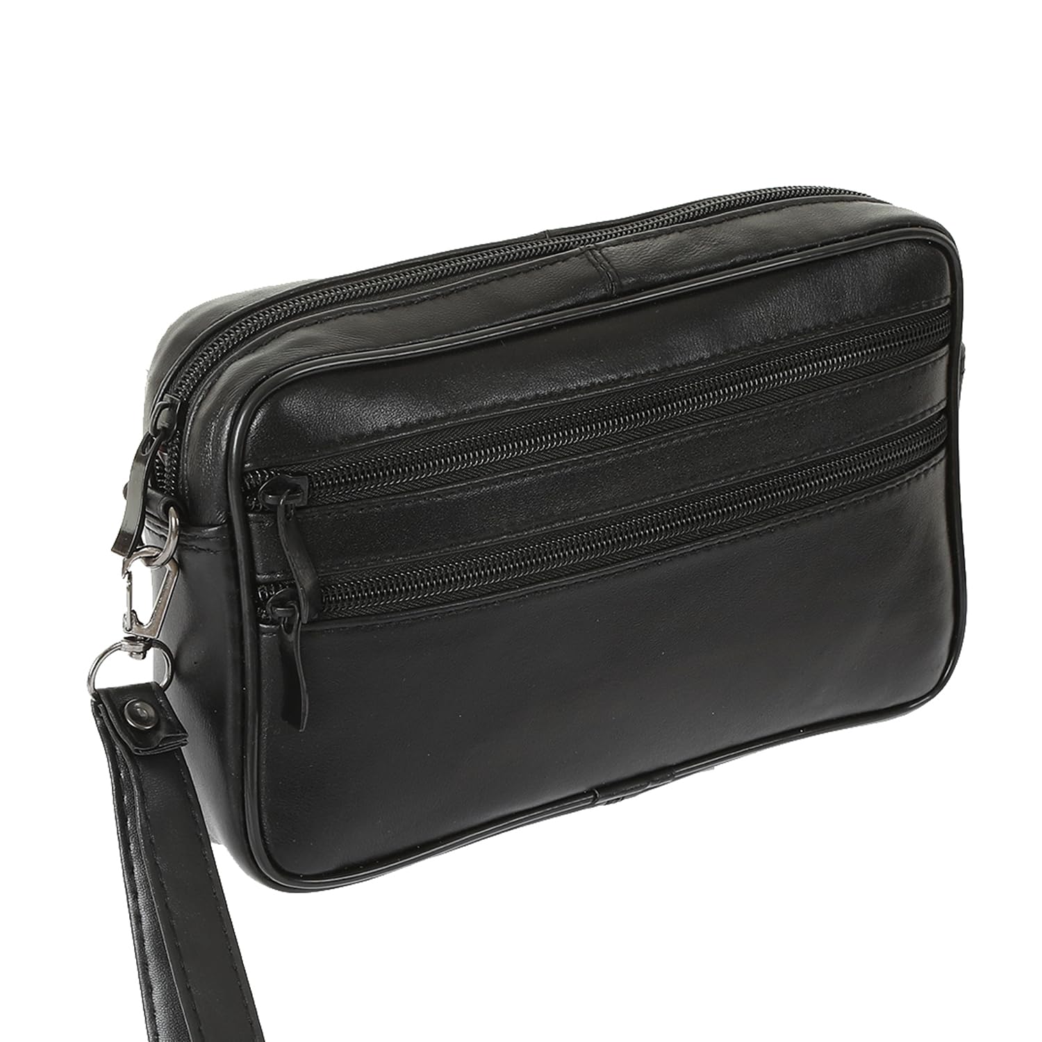 Bolso de mano para hombre, de piel auténtica, con correa de mano, color negro