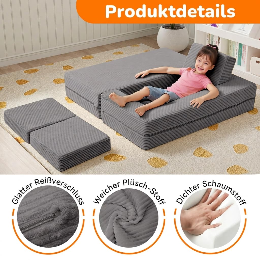 MeMoreCool Kindersofa aus Cord, Ausklappbares Schaumstoff Sofa, Modulare Mini Couch für Kinderzimmer & Schlafzimmermöbel, Hellgrau