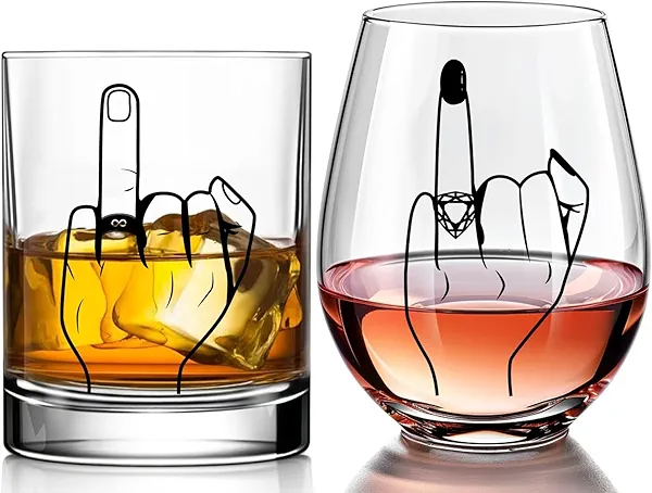 Funny Engagement Gift for Couples – Ring Finger Wine and Whiskey Glass Set – Cool Bridal Shower/Wedding/Bachelorette Gift for Bride and Groom, Newlyweds, Bridal Shower, Just Married,Mr and Mrs
