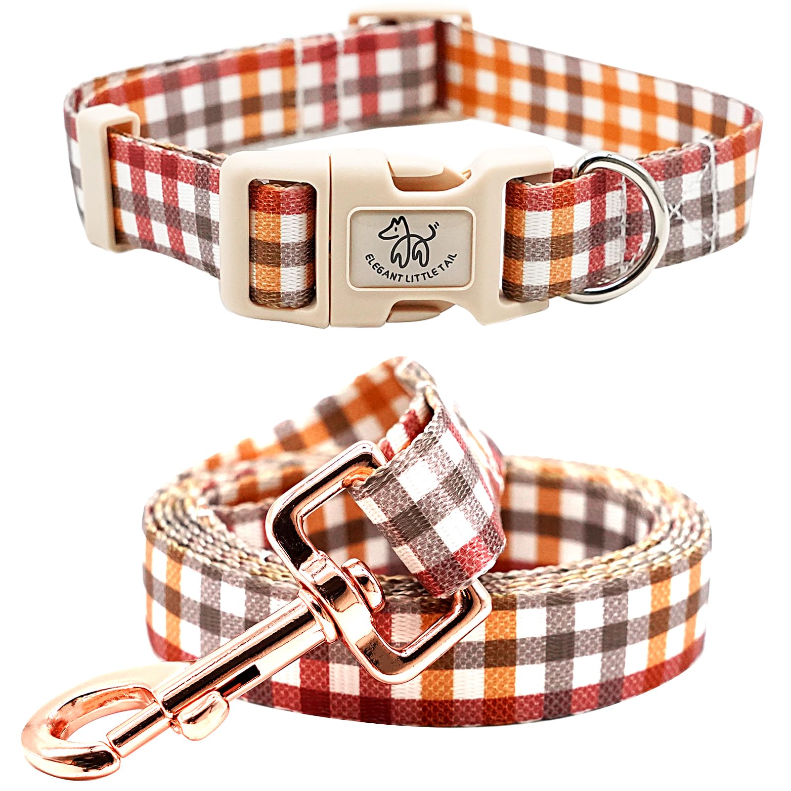 Elegant little tail Dog Collar with Leash, Fall Plaid Pet Collar Leash Adjustable Collar for Small Medium Large Dogs Soft Puppy Collars with Quick