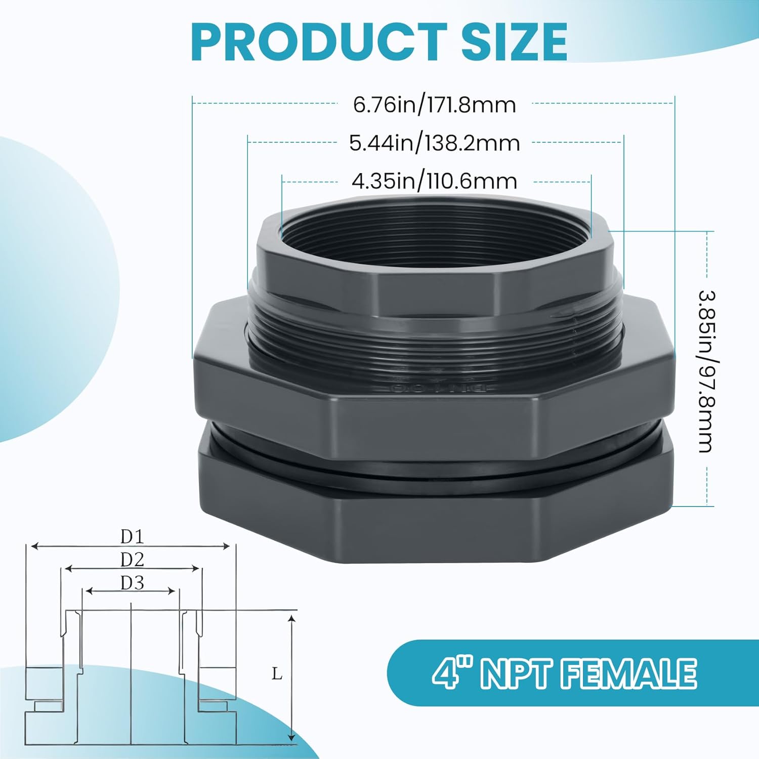 4 Inch UPVC Bulkhead Fitting, Female NPT Connection, Heavy-Duty Industrial Water Tank Connector Adapter Fitting for Water Tanks, Rain Barrels, Pools, Aquariums