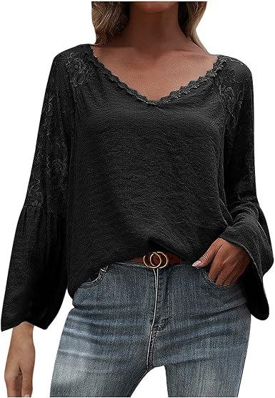 Amazon.com: Blusas para Mujer Moda 2022 sólido Cuello en V Encaje empalme  acampanado Manga Larga ahueca hacia fuera Blusas Tops : Ropa, Zapatos y  Joyería