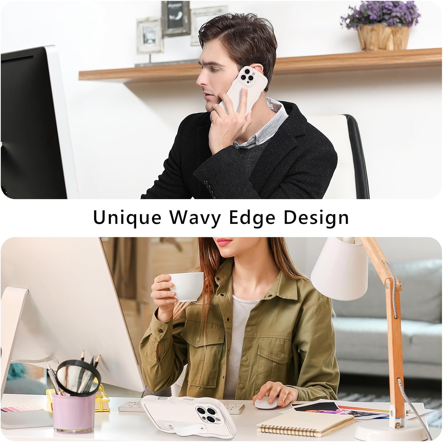 GUAGUA for iPhone 16 Pro Case with Wrist Strap, iPhone 16 Pro Wavy Phone Case, Cute Curly Wave Shape with Adjustable Wristband Kickstand Anti Slip iPhone Case for 16 Pro 6.3'', Antique White - Image 6