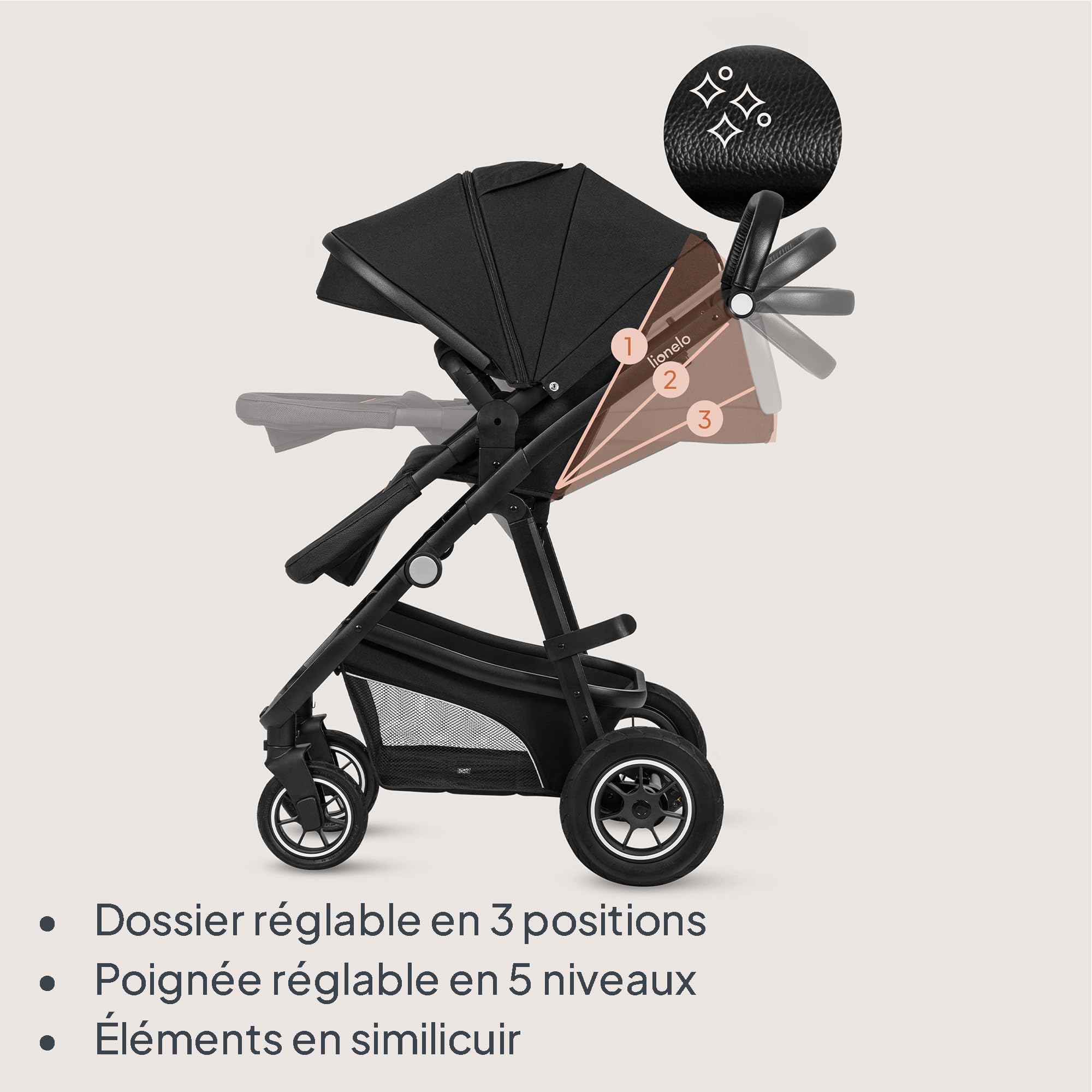 LIONELO BIANKA Poussette 3 en 1 max 22 kg Système de Voyage Pliable Roues 360° Trio