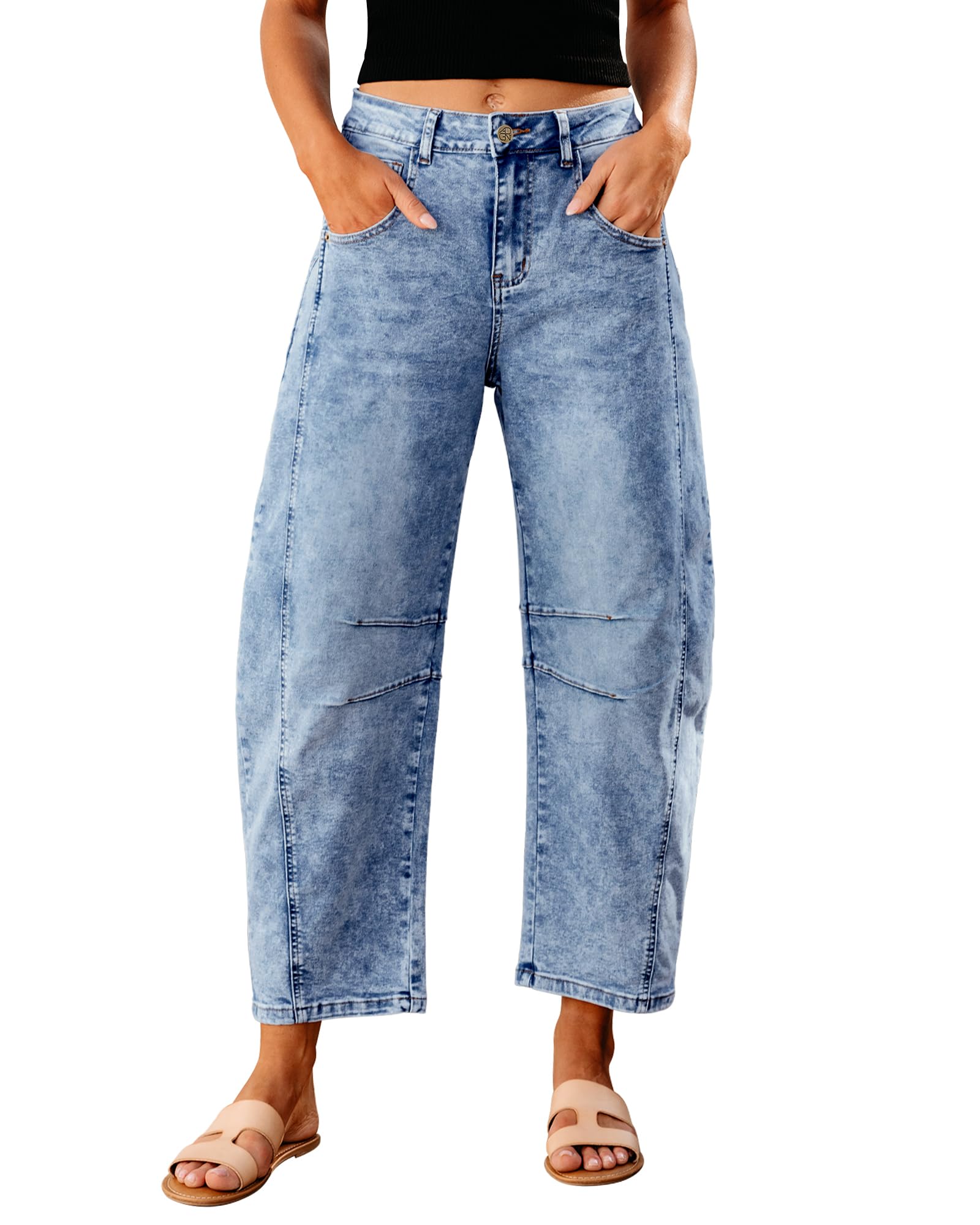GRAPENT Barrel Jeans for Women High Waist Baggy Cropped Stretch Denim Pants | Barrel Leg Cut, High Rise, 26'' Inseam, Seam Details, Trendy Crop Jeans, Relaxed Fit, For Daily Wear, Dressy Casual Outfit