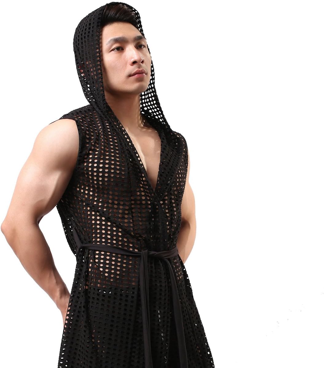 YUFEIDA Men's Sexy Hooded Sleeveless Robes Bathrobes Mesh See-Through Lingerie Sleepwear Pajamas - Image 2